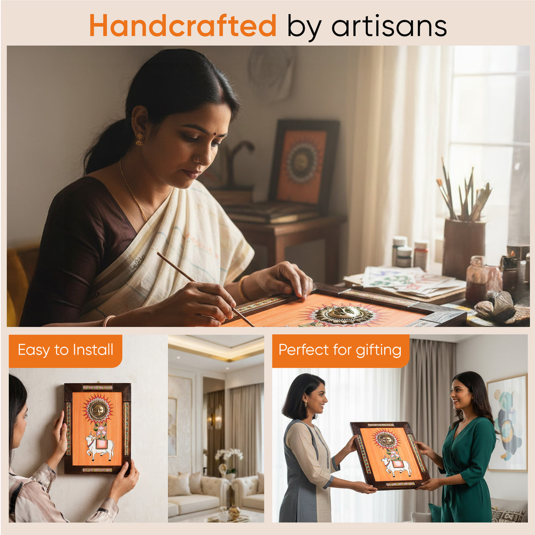 Nandi Wall Accent with beautiful painting of Nandi and Shiva in Brass in Backdrop