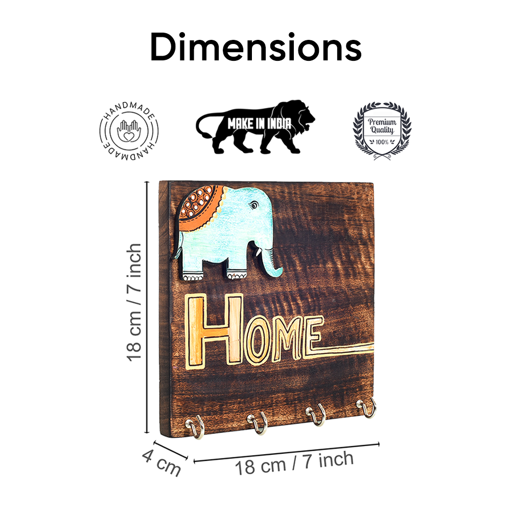 Hola Wooden Key Holder with Hand Painted Elephant and HOME Design, Wall Mounted Key Organizer for Homedecor
