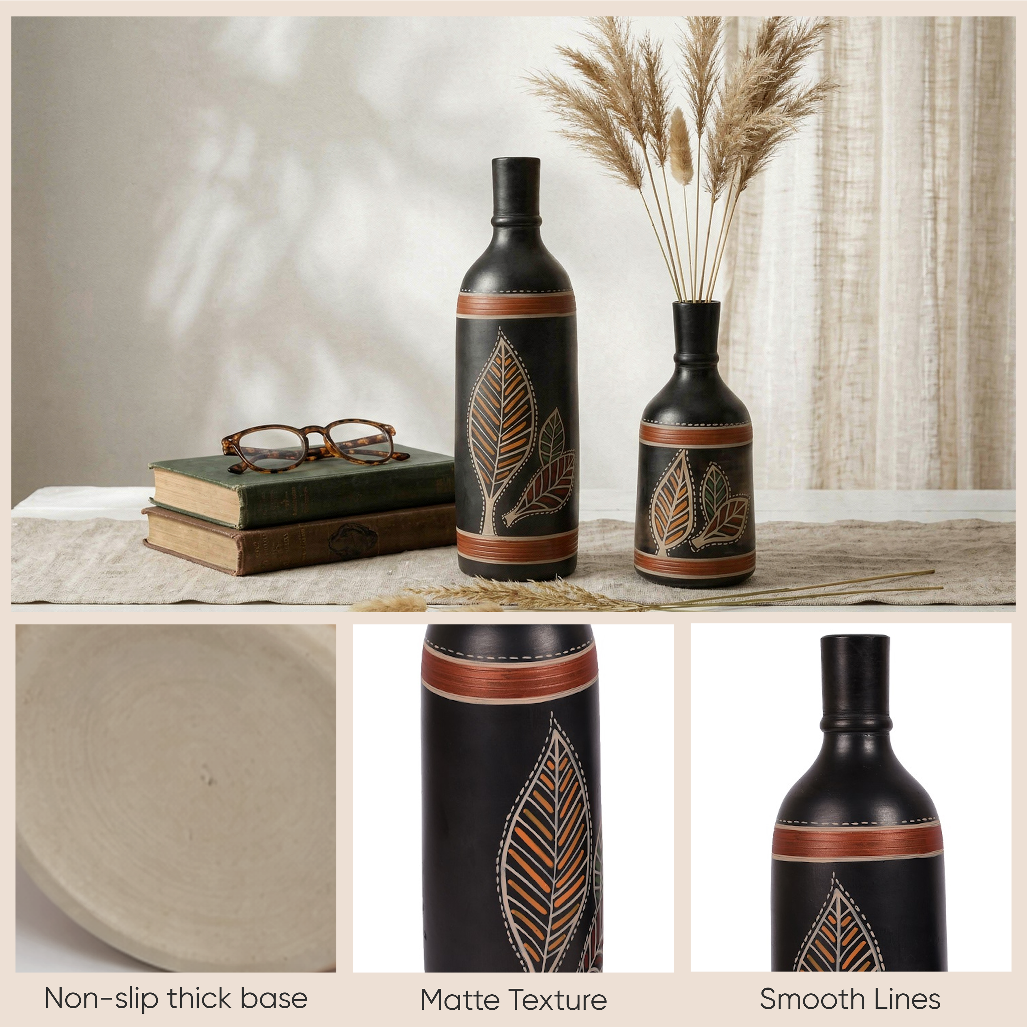 Vase Earthen Black Bottle Madhubani (Set of 2) (9.4x3/6x3)