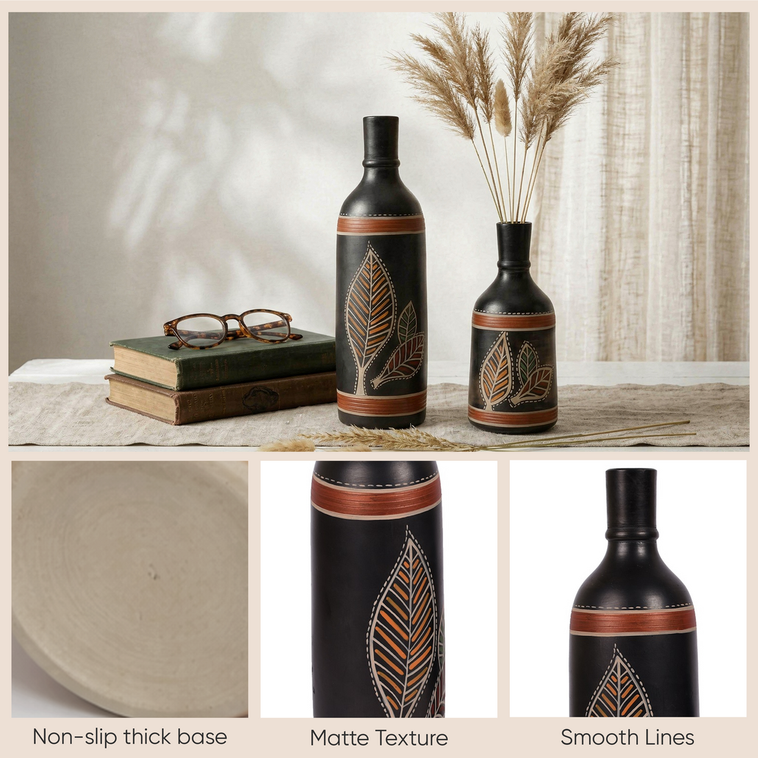 Vase Earthen Black Bottle Madhubani (Set of 2) (9.4x3/6x3)