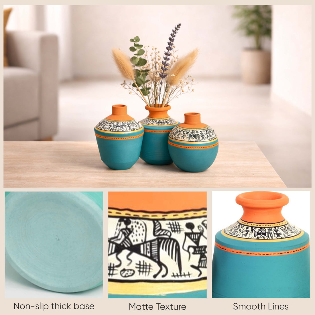 Blue Oasis Terracotta Vase Set of 3, Handcrafted Tribal Artdecor with Earthy Accents