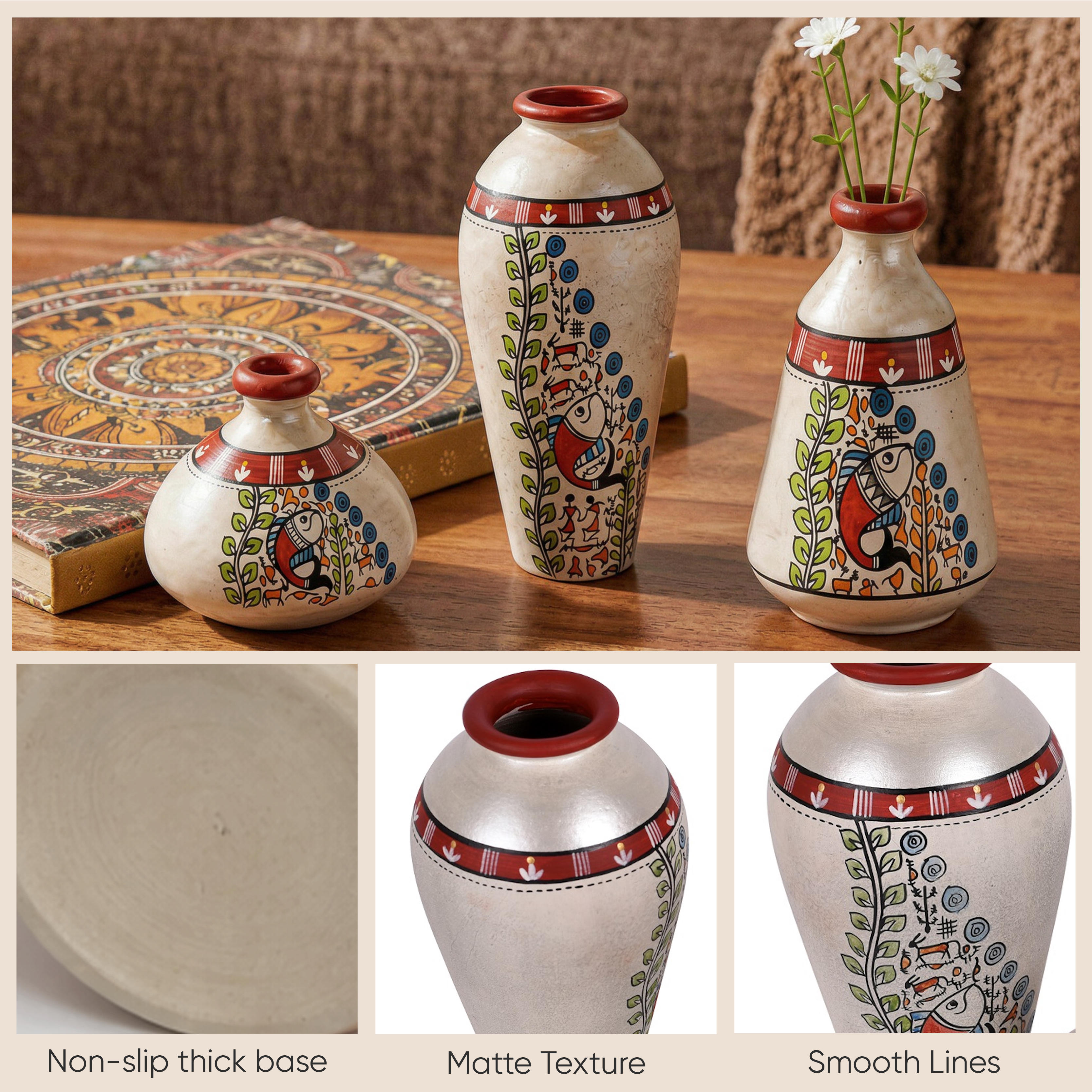 Vase Earthen Miniatures White Madhubani (Set of 3) 4.4/3/6