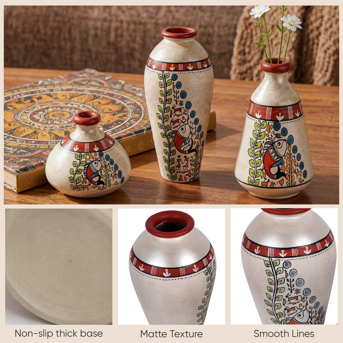 Vase Earthen Miniatures White Madhubani (Set of 3) 4.4/3/6