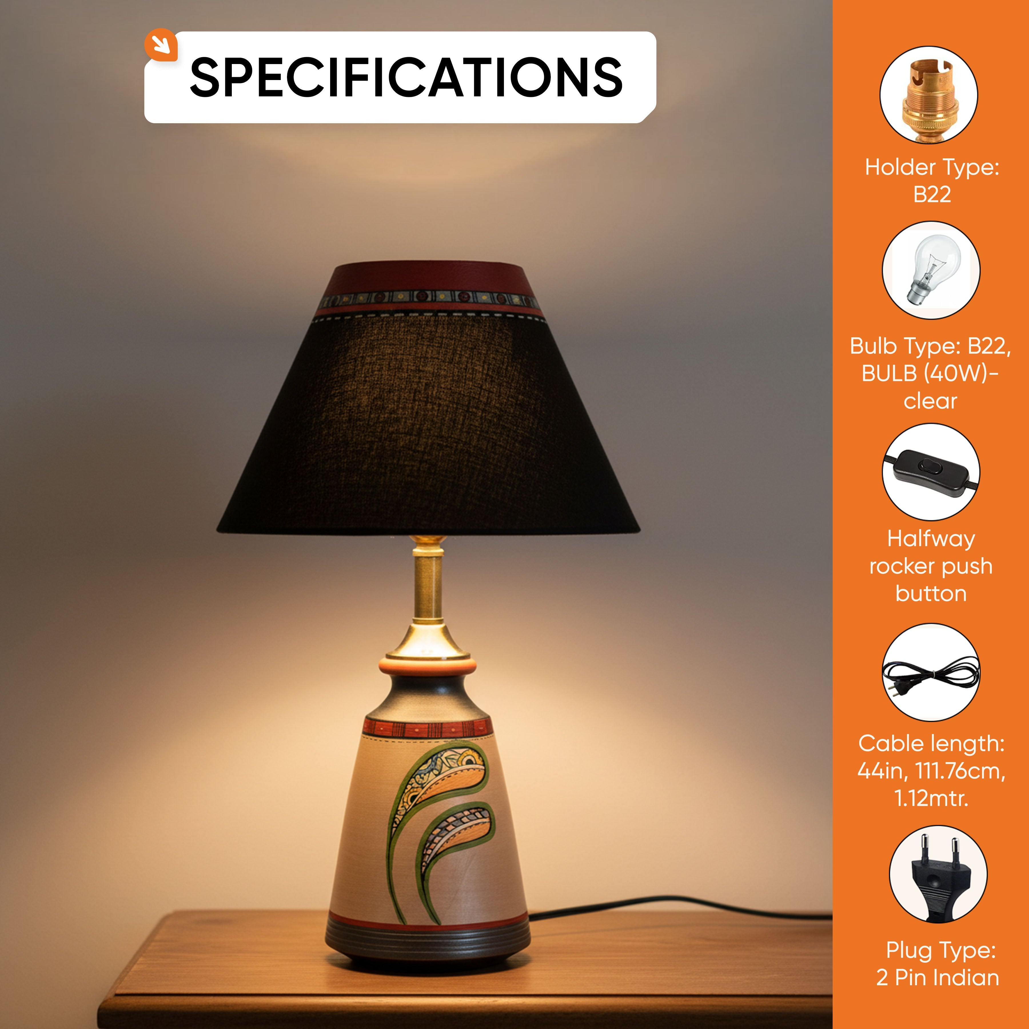 Pearly Leaf Earthen Lamp with Black Shade (16x4.1")