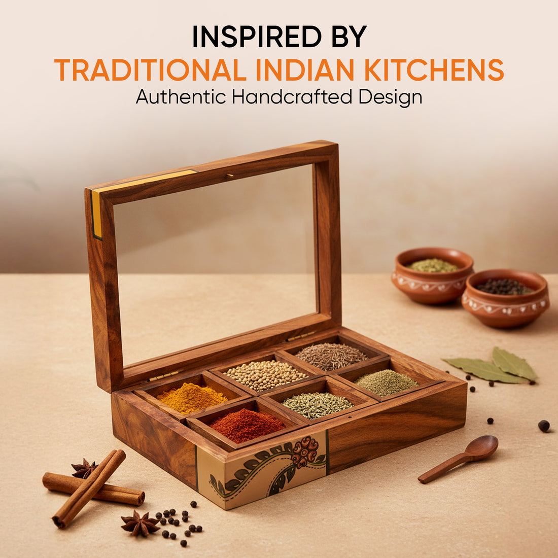 Spice Box Handcrafted Tribal Art 6 slot Wooden with Spoon (8x6x2)