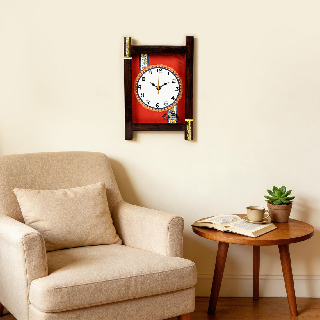 Wall Clock Handcrafted Wooden Tribal Art with Glass (9x1x14)