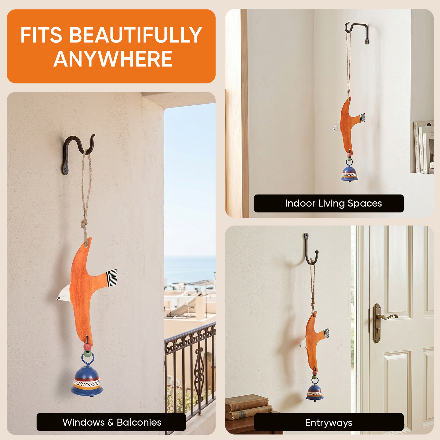 Orange Fly Bird Wind Chimes with Metal Bell for Home Decoration