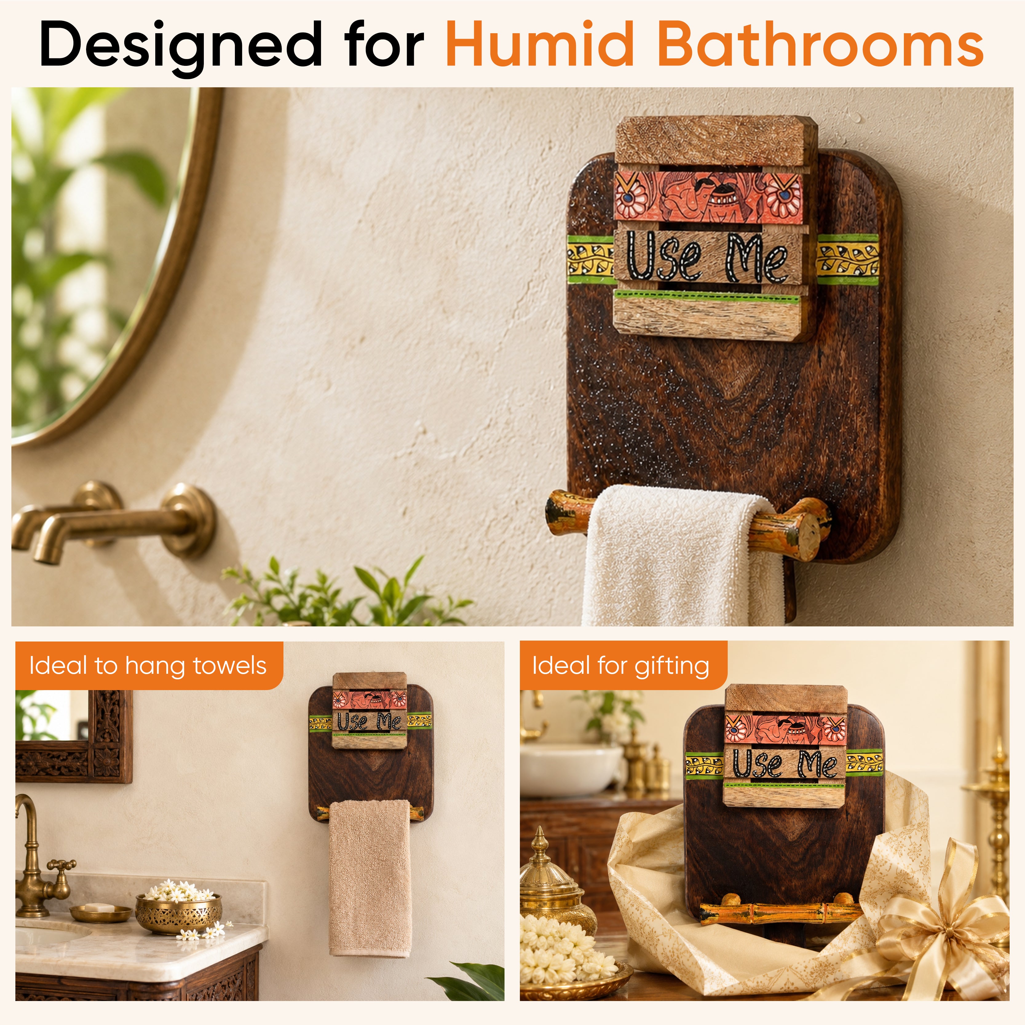 Towel Holder Handcrafted Tribal Art (7x2.2x9.6)