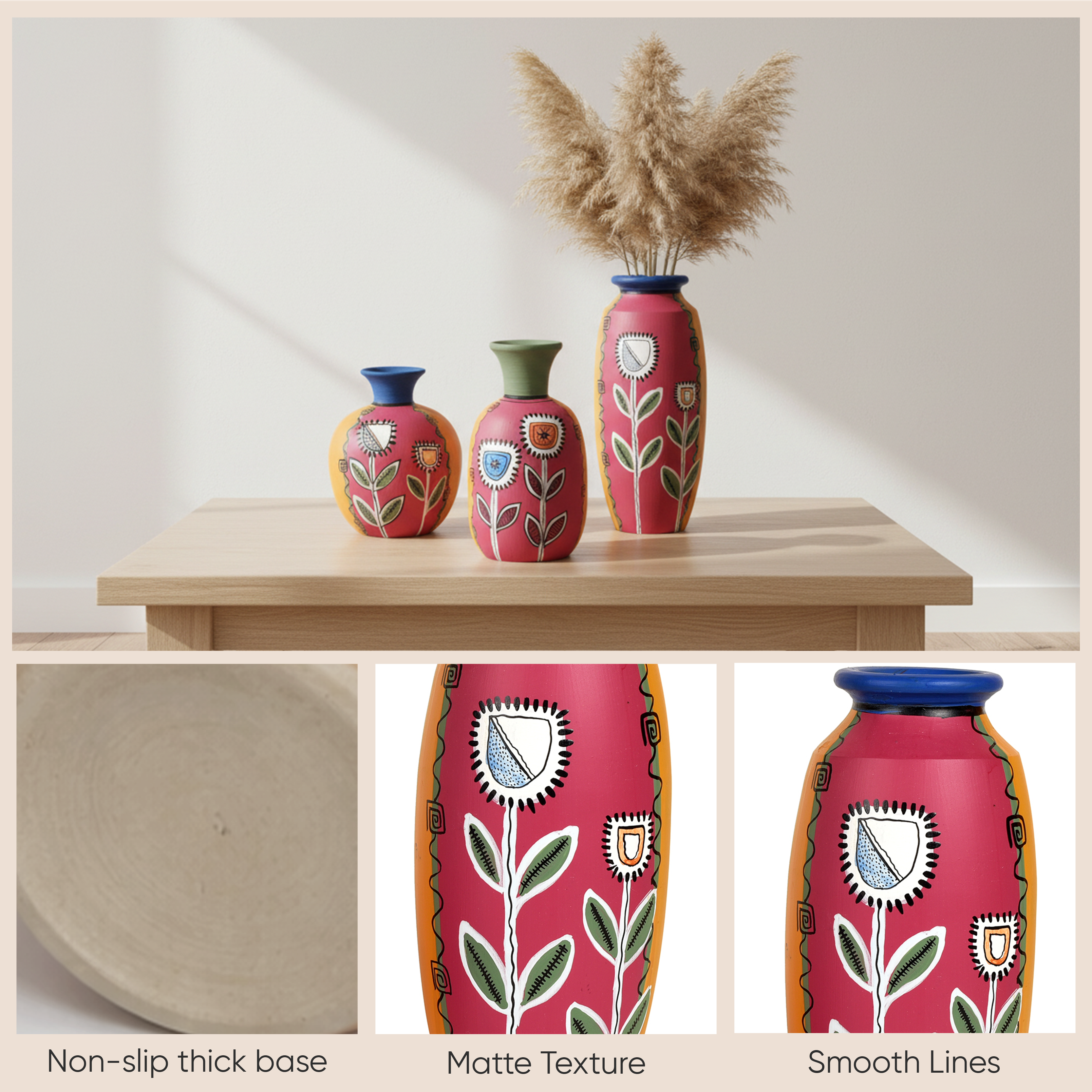 Smiling Flowers Colorful Vases (So3) in Magenta (3x3/5.5x2.5/6x3 HxDia)
