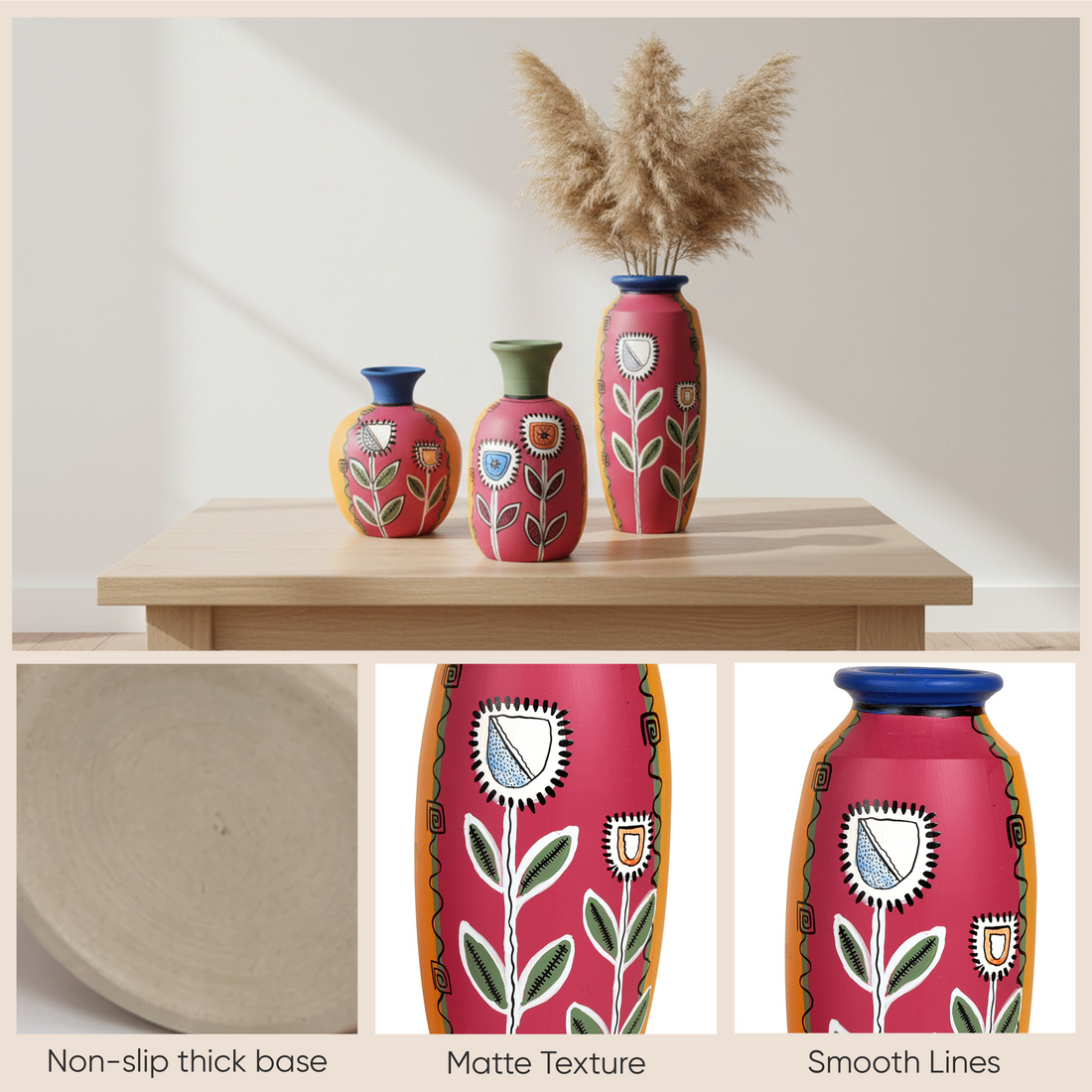 Smiling Flowers Colorful Vases (So3) in Magenta (3x3/5.5x2.5/6x3 HxDia)