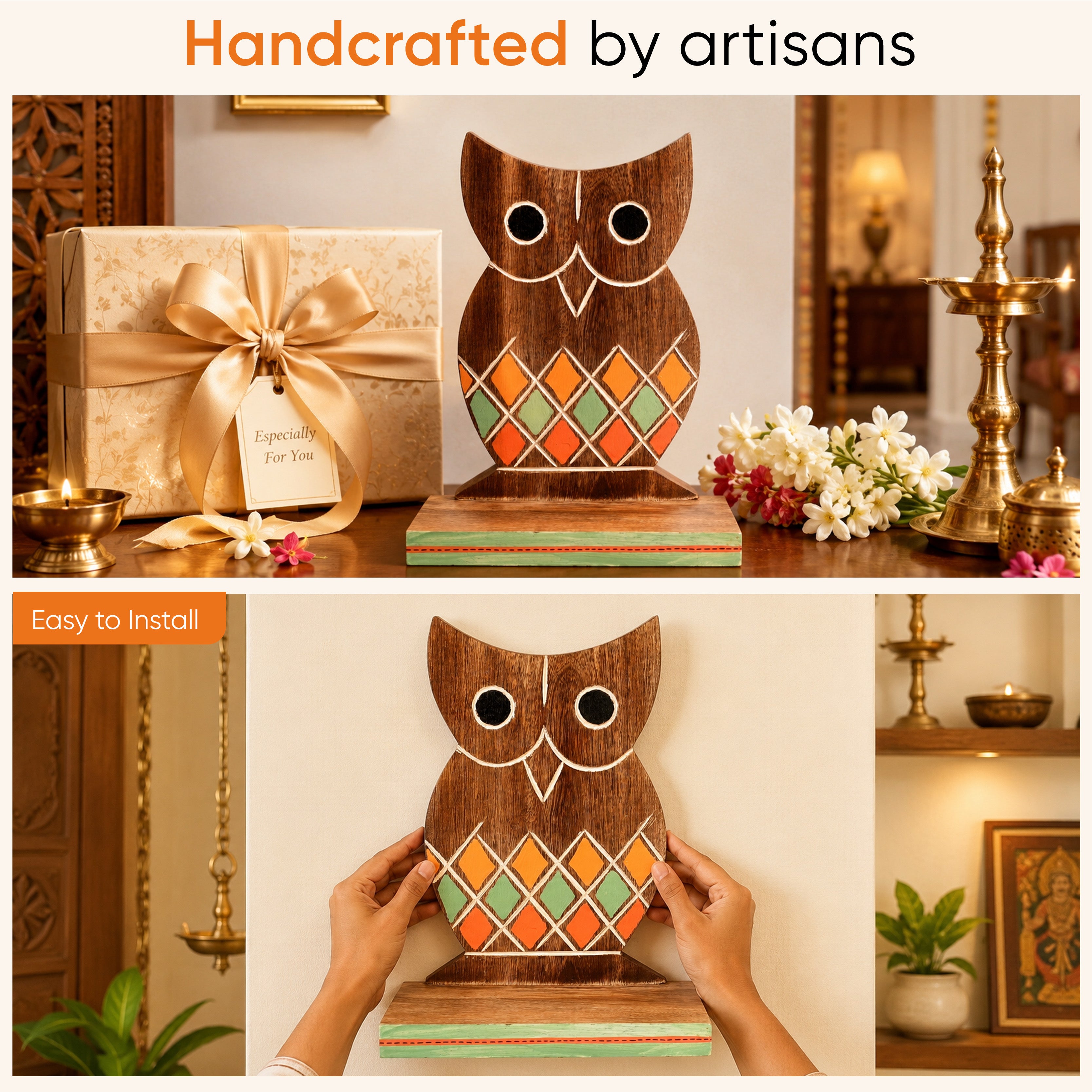 Wall Decor Handcrafted Wooden Tribal Art Owl Shelf (6.5x4x9.2)