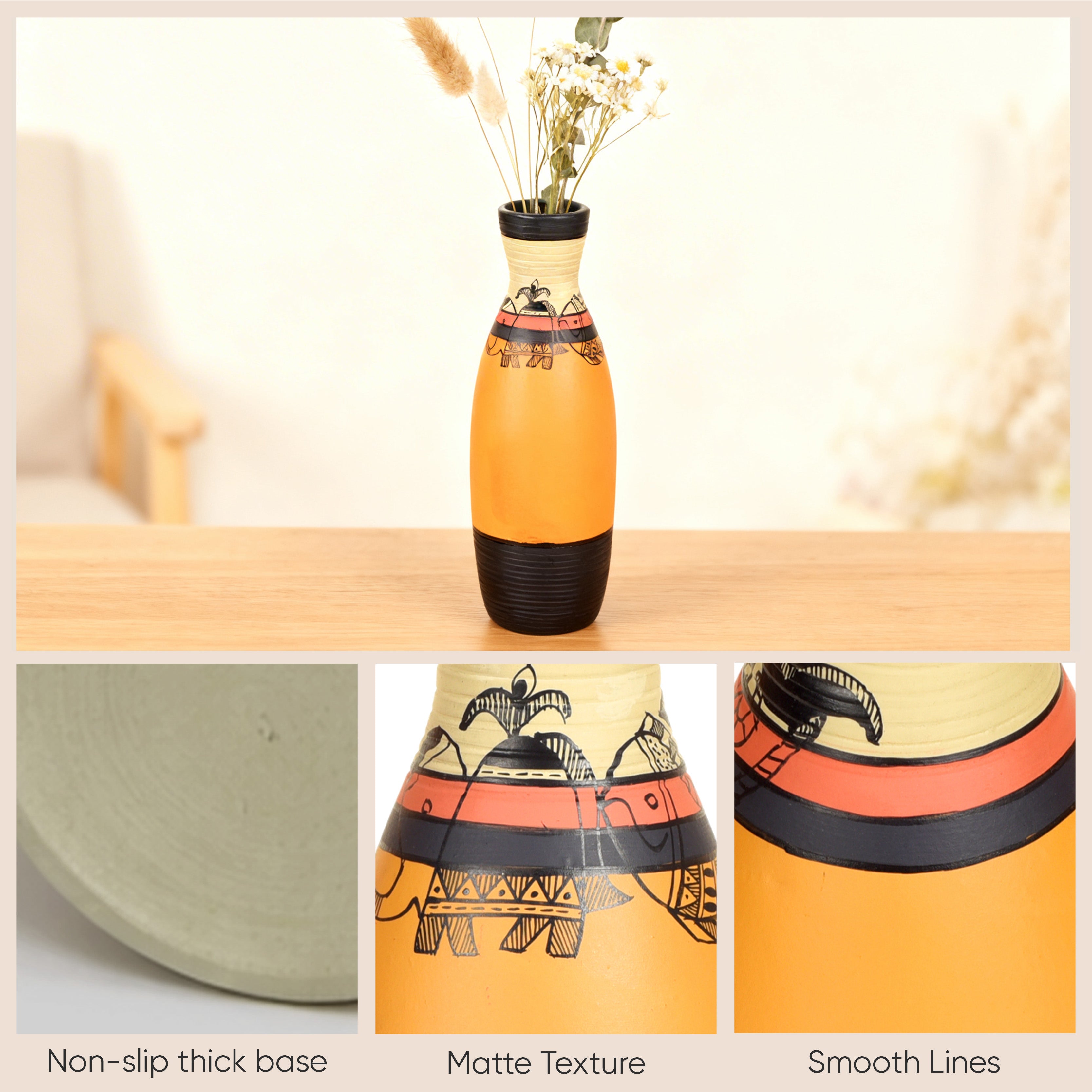 Yellow Earthen Vase with Madhubani Tattoo Art