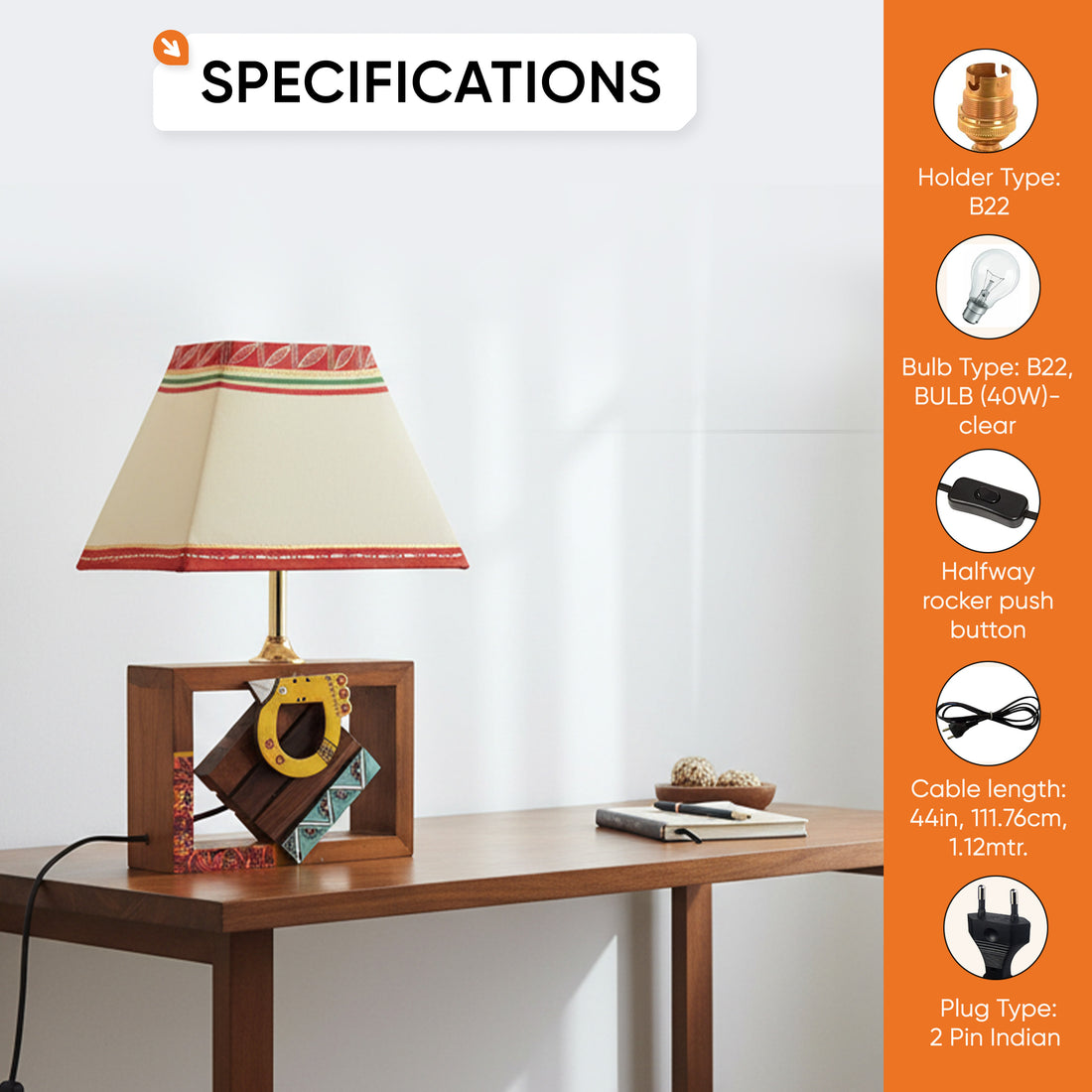 Table Lamp Handcrafted Wooden Tribal Art Bird SQ White 10"Shade (8x4x10.7)