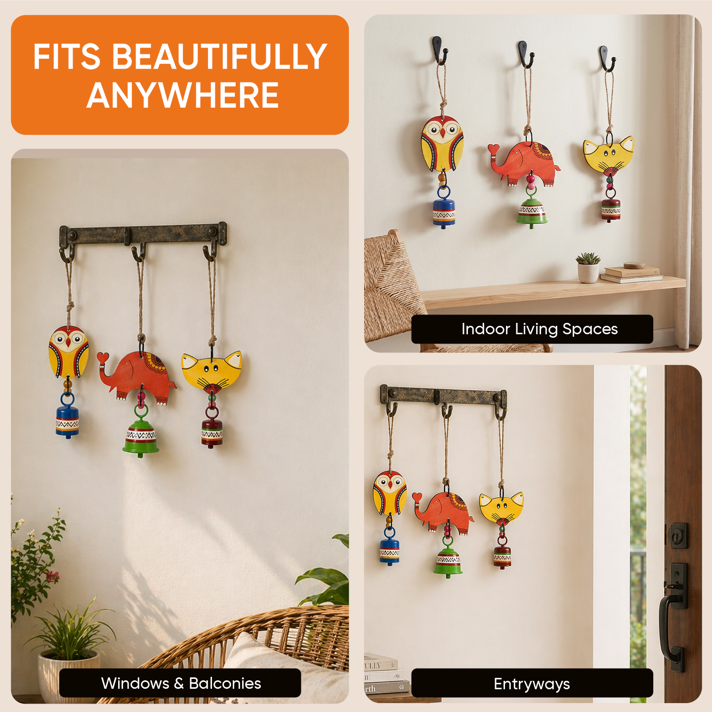 Niyo Trio - Hand-Painted Wooden Animal Hanging Bells (Set of 3)