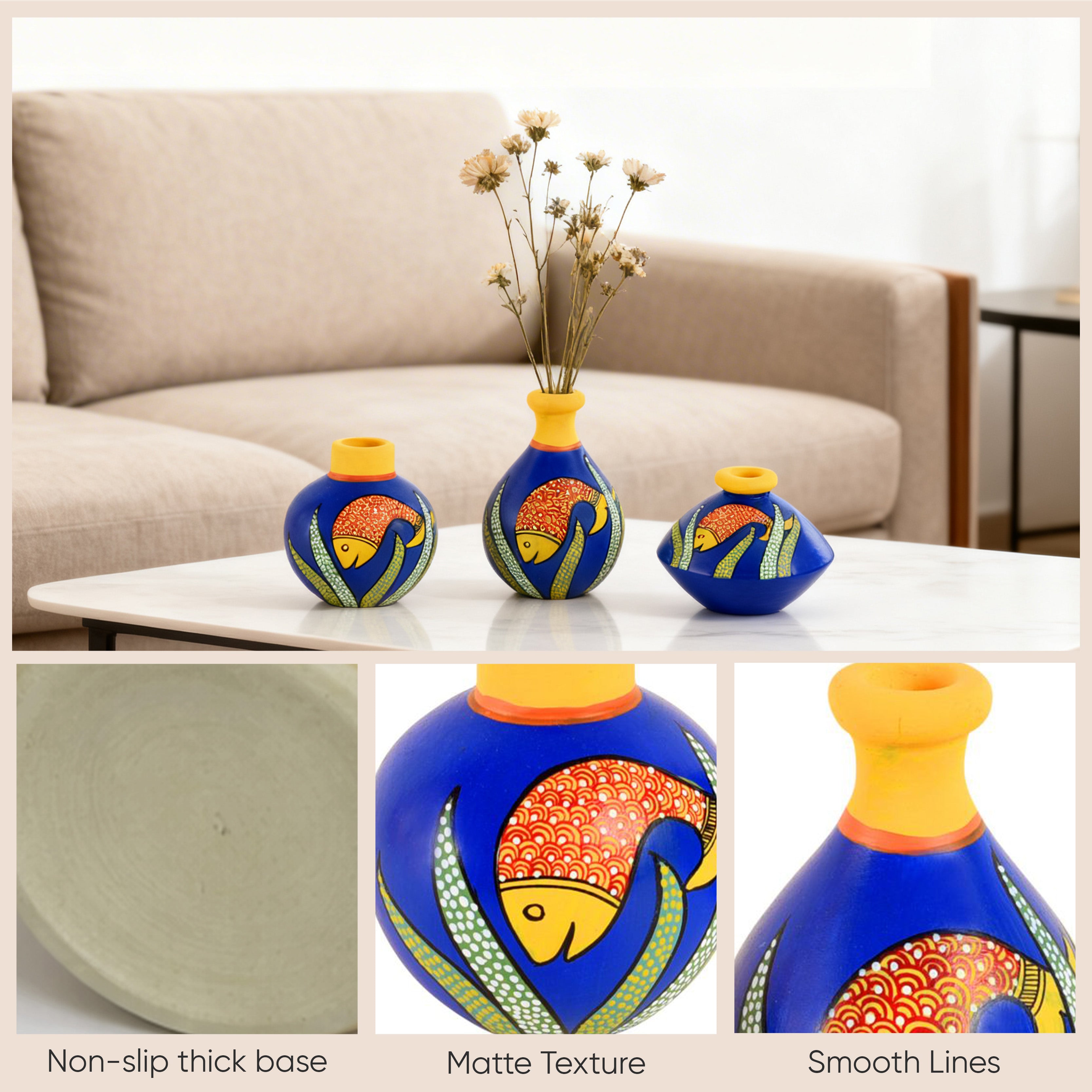 Something's Fishy Terracotta Vase Set of 3 (Blue)