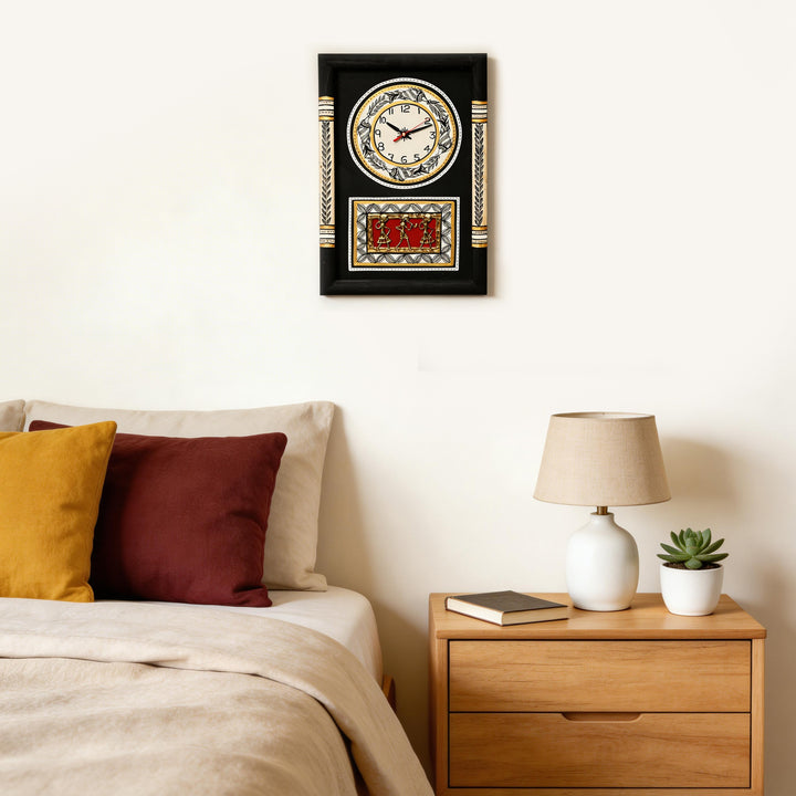 Wall Clock Handcrafted Warli/Dhokra Art Black Dial with Glass Frame (10x15)