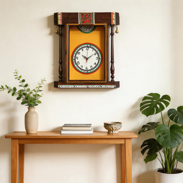 Wall Clock Handcrafted Warli Art Yellow Dial with Glass Frame (14x16)