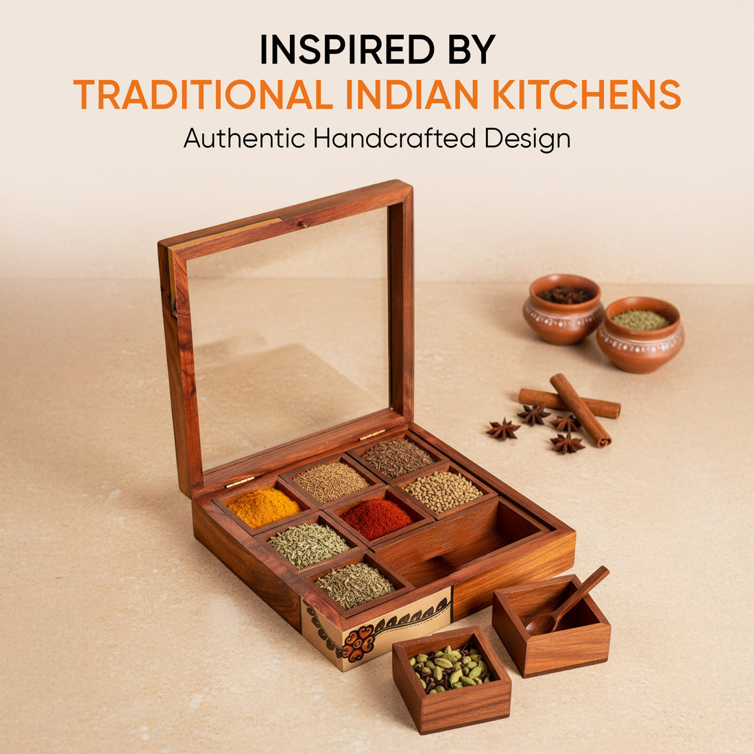 Spice Box Handcrafted Tribal Art 9 Slot Wooden with Spoon (8x8x2)