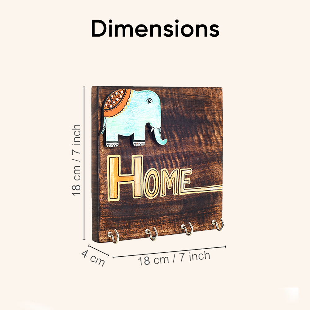 Hola Wooden Key Holder with Hand Painted Elephant and HOME Design, Wall Mounted Key Organizer for Homedecor