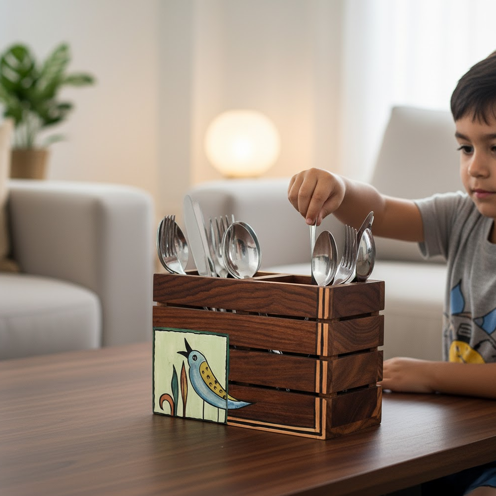 Kyoku Hand Painted Wooden Cutlery Holder, Compact Organizer for Dining Table and Kitchen