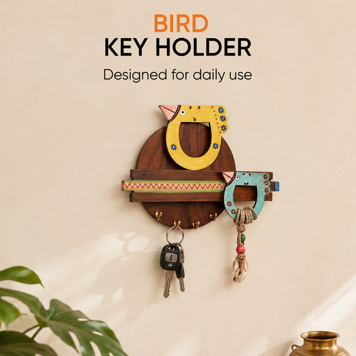 Key Holder Handcrafted Tribal Art Bird Theme 4 Keys (10x1.7x7.5)