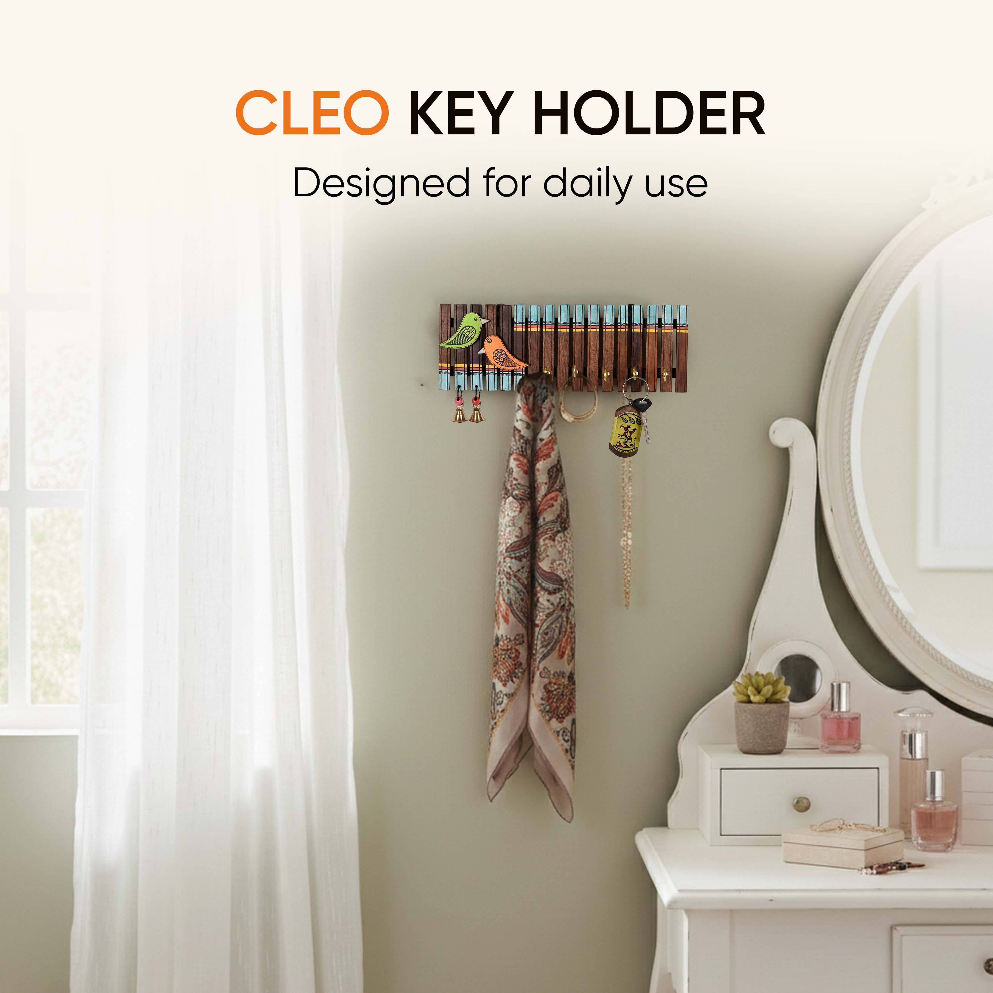 Key Holder Handcrafted Tribal Art Wooden Strips & birds 4 keys (12x1.4x5.4)