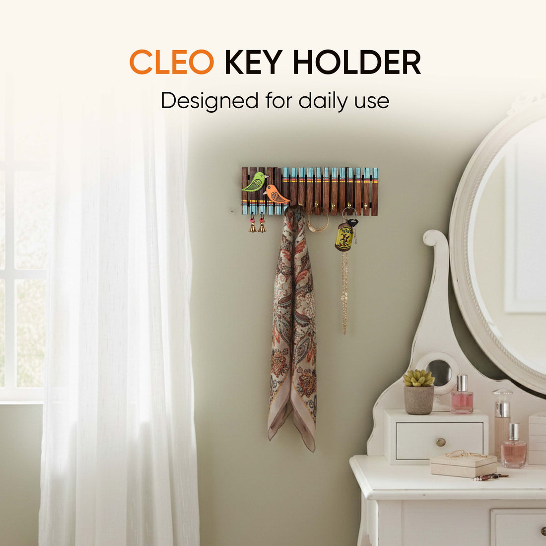 Key Holder Handcrafted Tribal Art Wooden Strips & birds 4 keys (12x1.4x5.4)