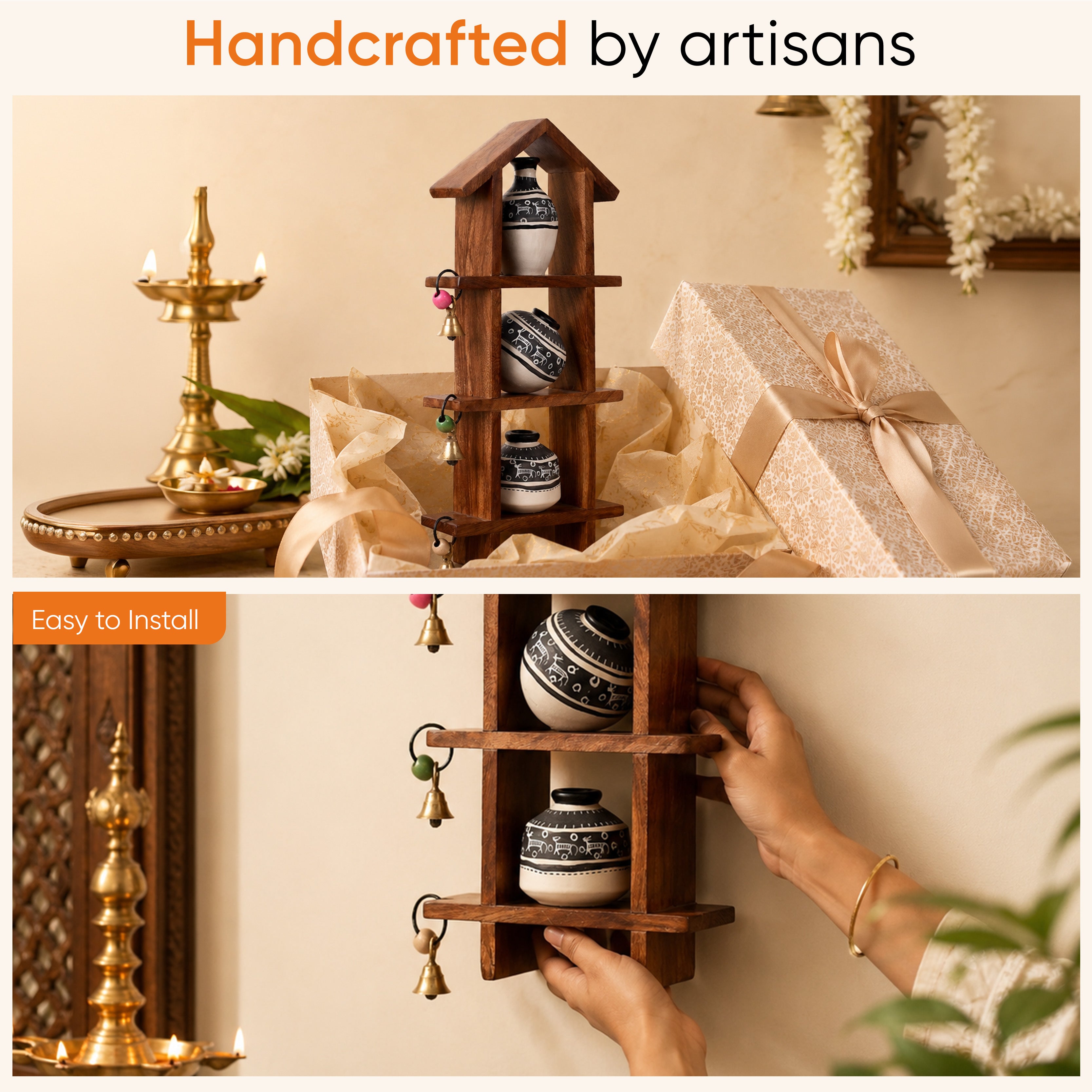 Wall Decor Ladder & 3 Handcrafted Warli White Pots (6x2x13)