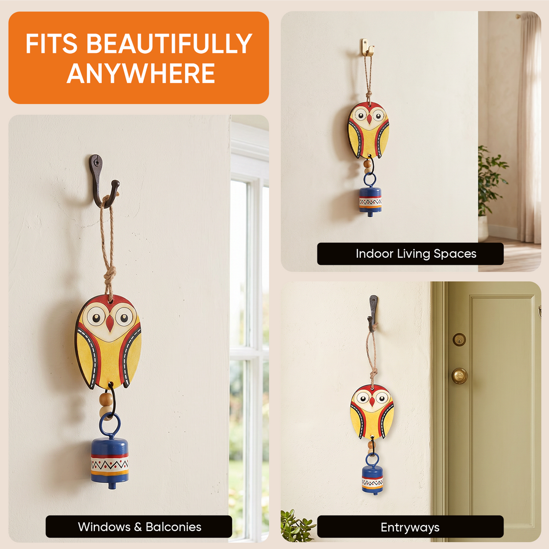 Owl Wind Chime with Metal Bell, Yellow and Blue
