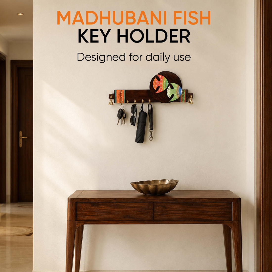 Key Holder Handcrafted Madhubani Fish 5 Keys (13x1.3x5)