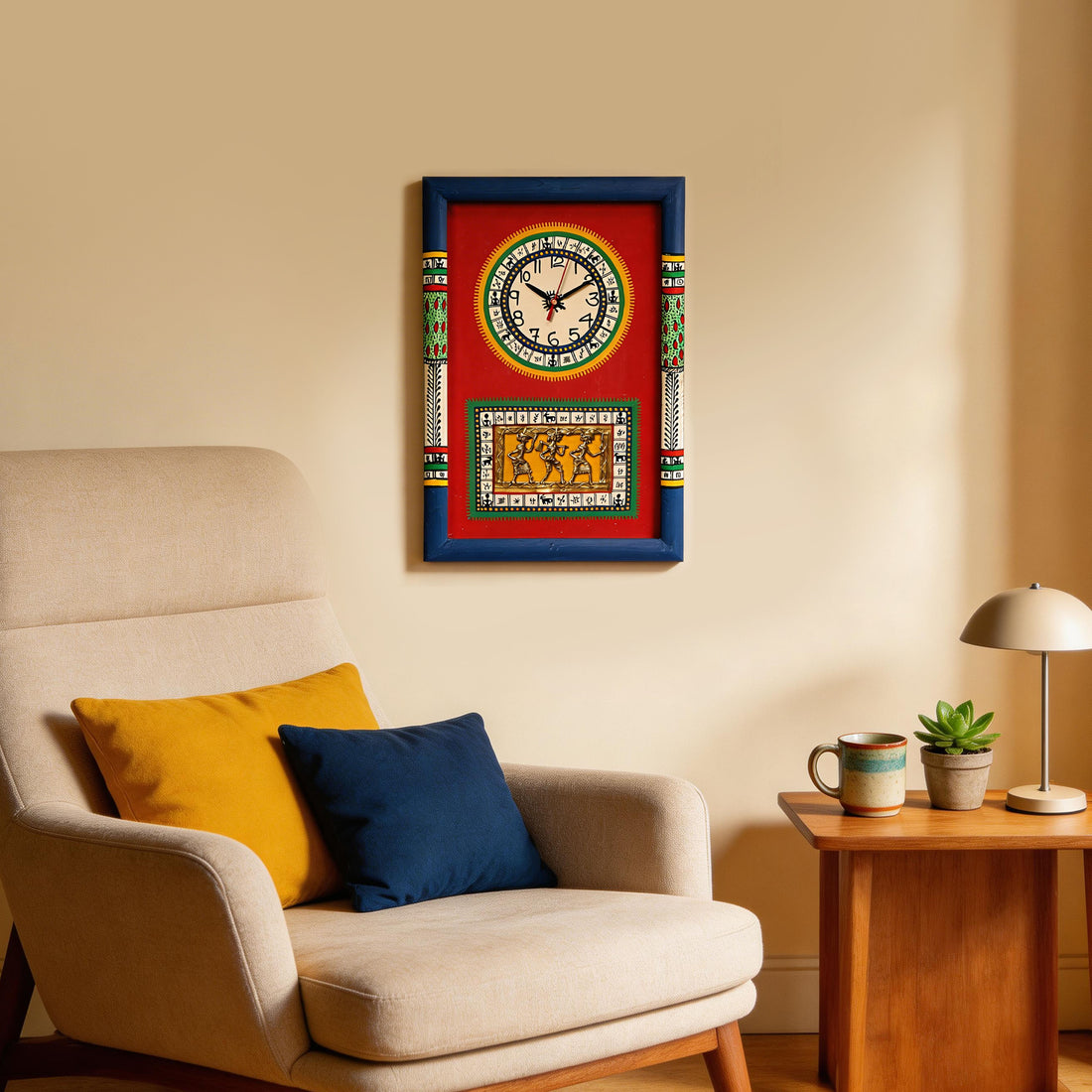 Wall Clock Handcrafted Warli/Dhokra Art Red Dial with Glass Frame (10x15)