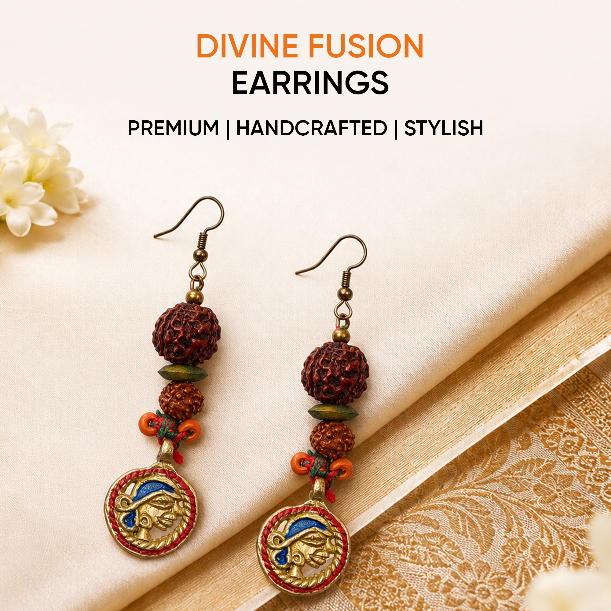 Divine Fusion: Handcrafted Wooden & Rudraksha Earrings