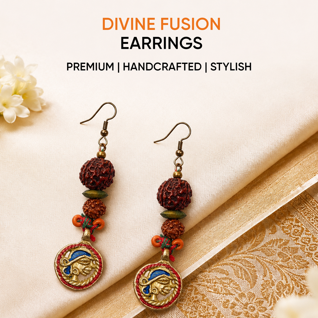 Divine Fusion: Handcrafted Wooden & Rudraksha Earrings