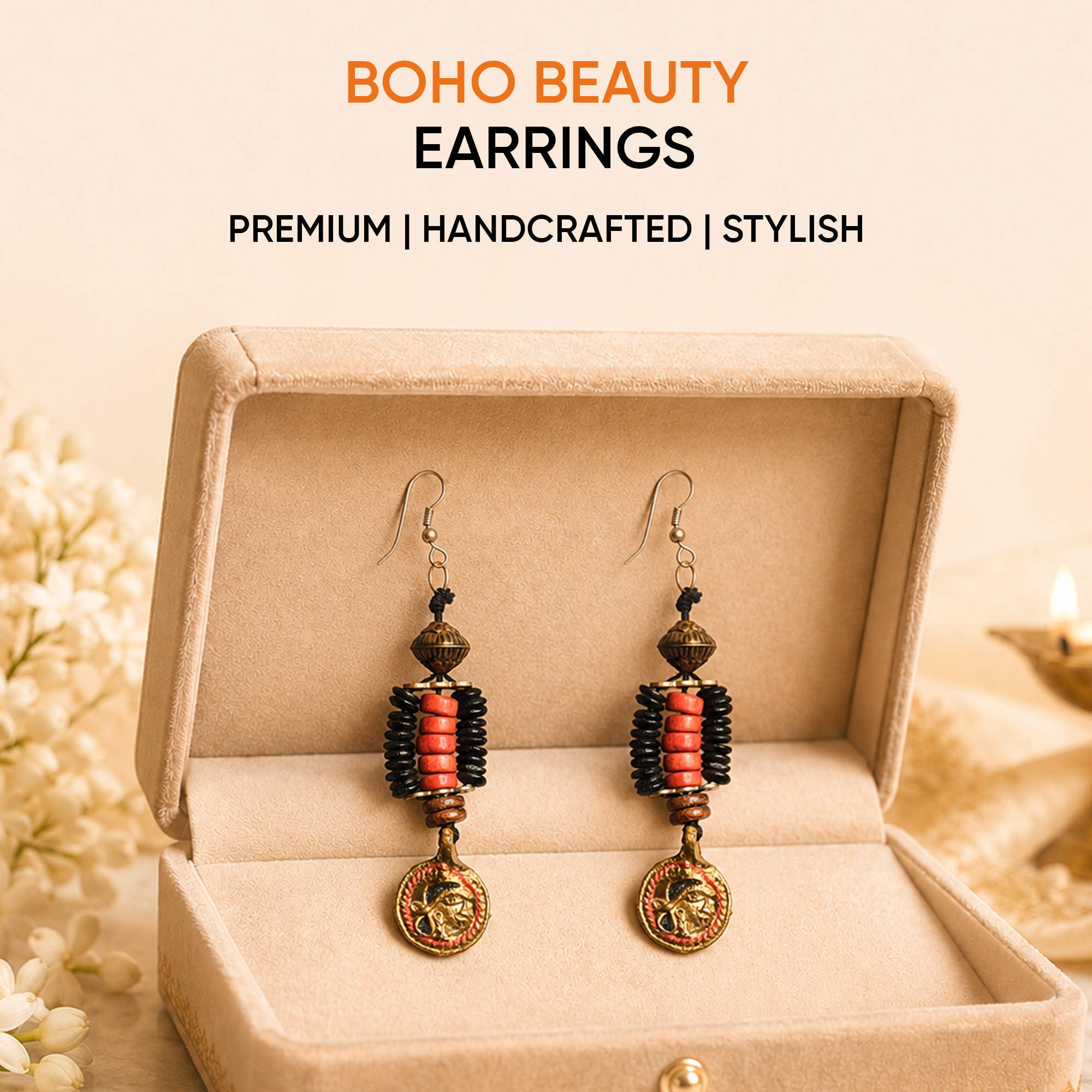 Boho Beauty: Handcrafted Wooden Beaded Earrings with Hanging Brass