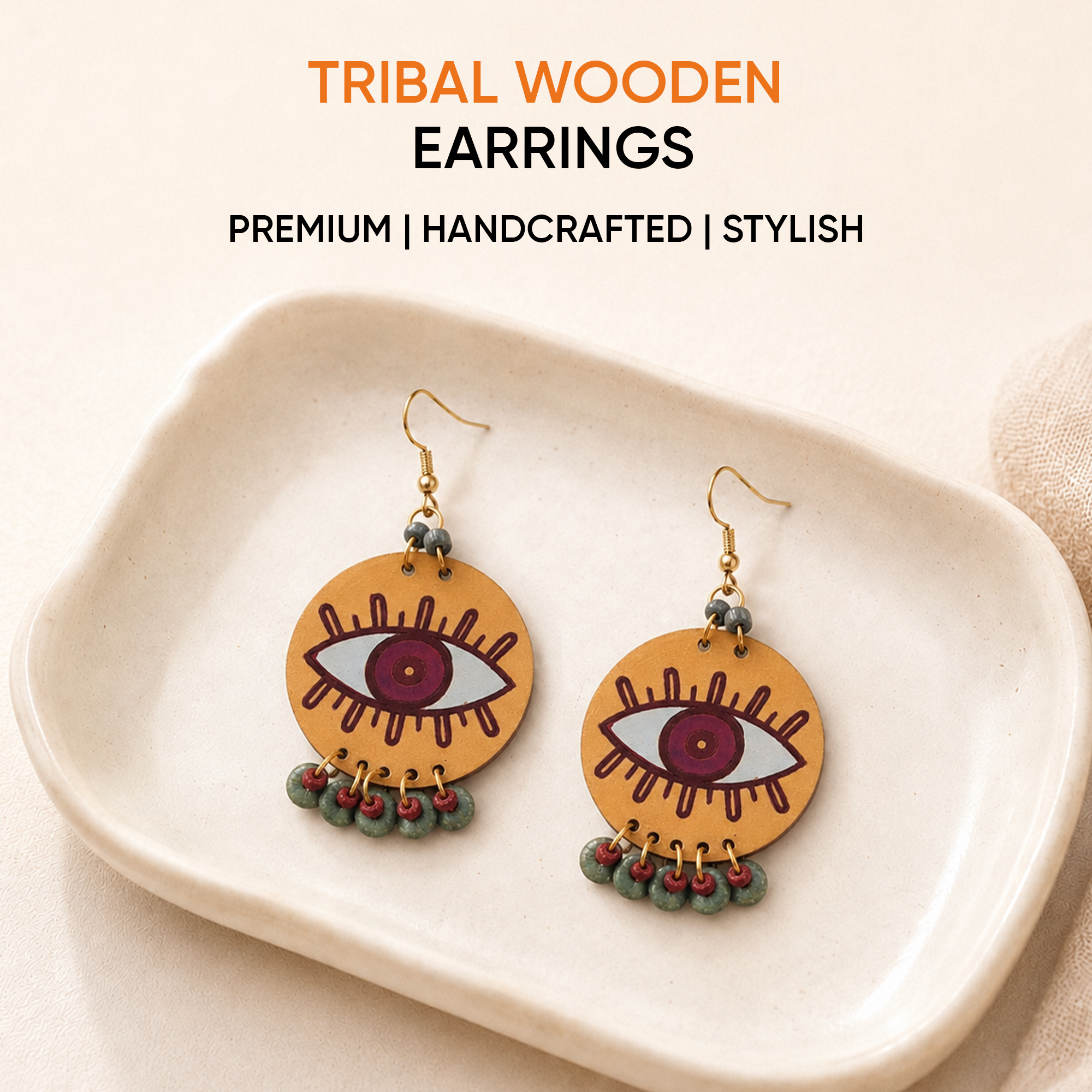 Evil Eye-I' Handcrafted Tribal Wooden Earrings