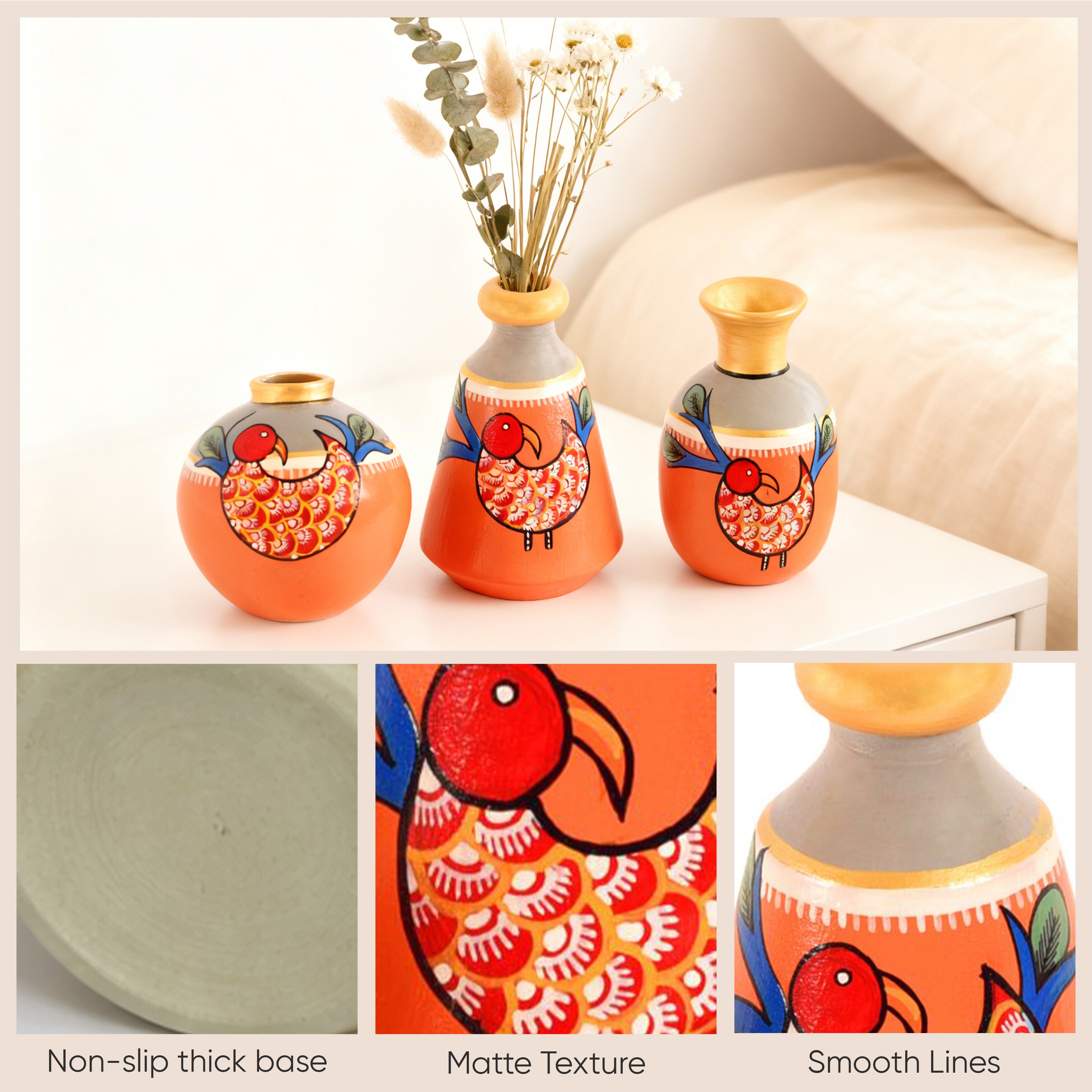 Peacock's Pride Terracotta Vase Set of 3