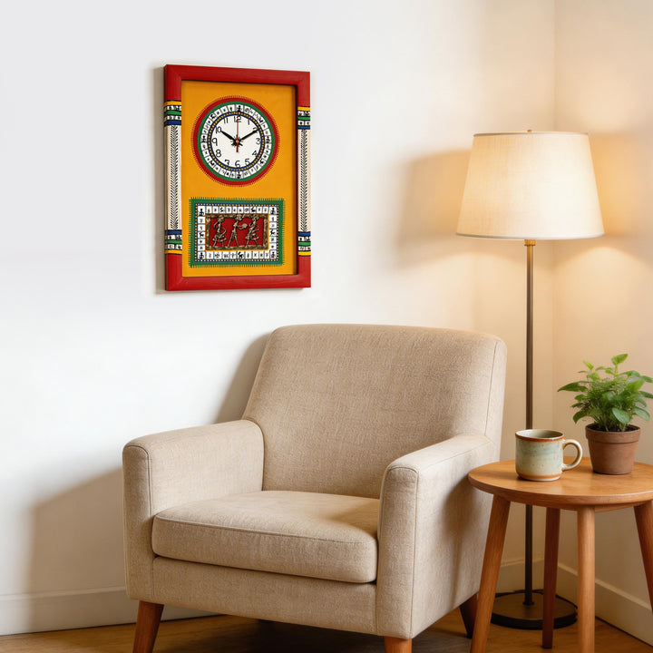 Wall Clock Handcrafted Warli/Dhokra Art Yellow Dial with Glass Frame (10x15)