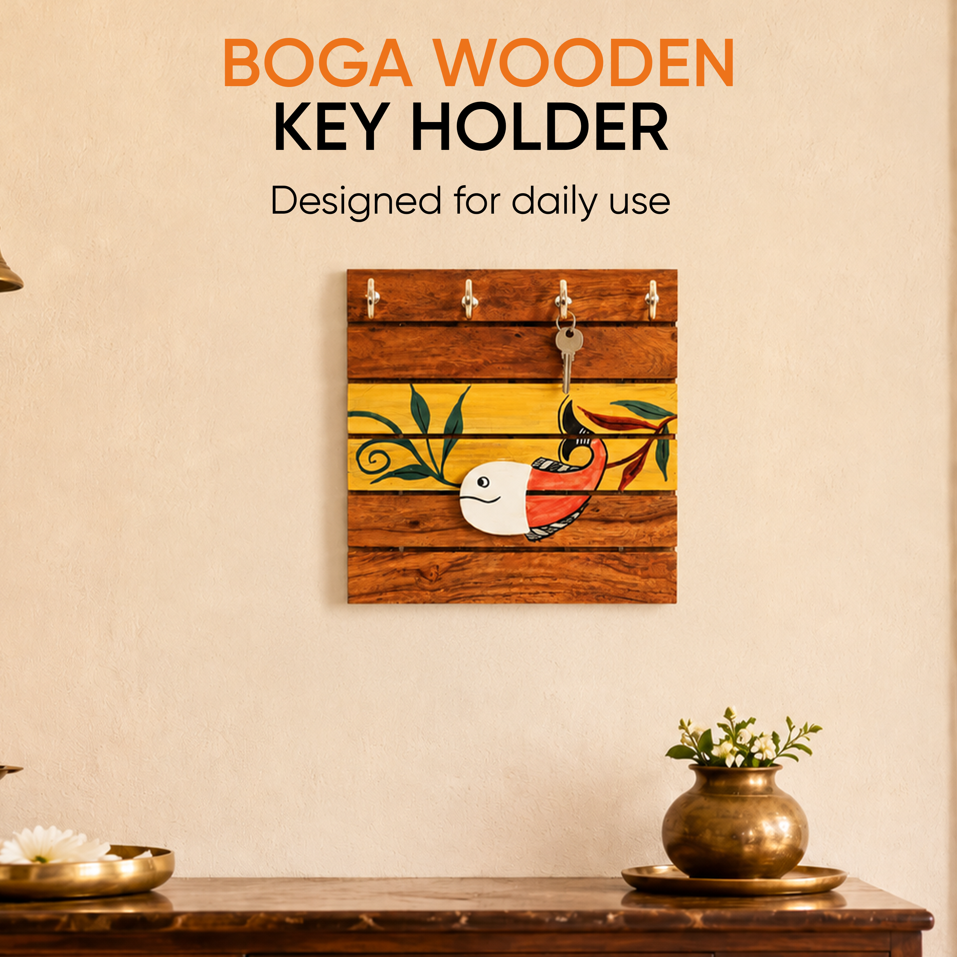 Boga Hand Painted Wooden Key Holder, Wall Mounted Key Hanger with Bird Design for Homedecor