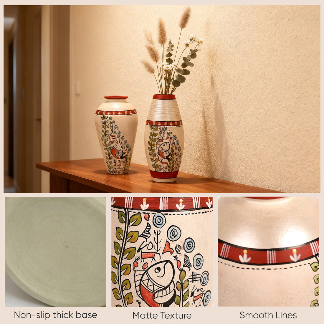 Vase Earthen White Madhubani (Set of 2) (6x3.4/6.4x3)