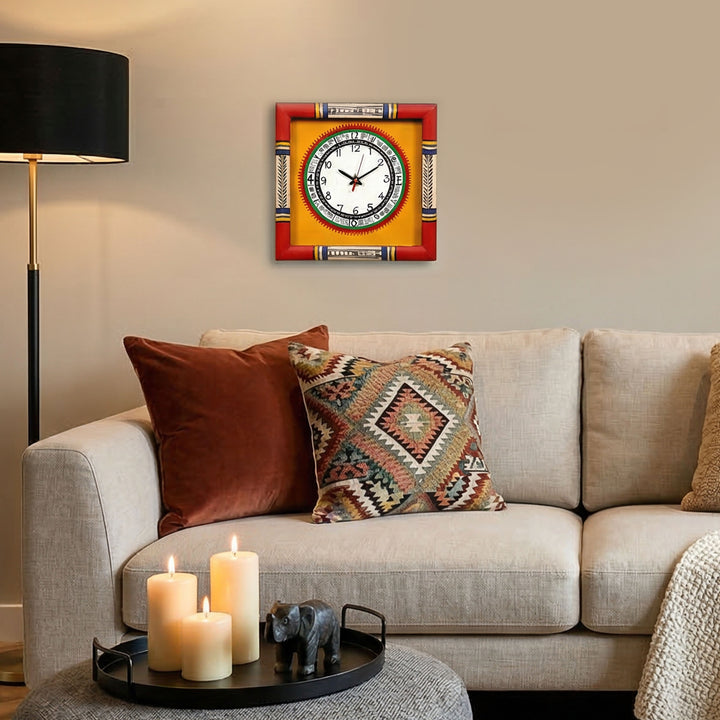 Dosera wall clock Warli Art Yellow Dial with Glass Frame (10x10)
