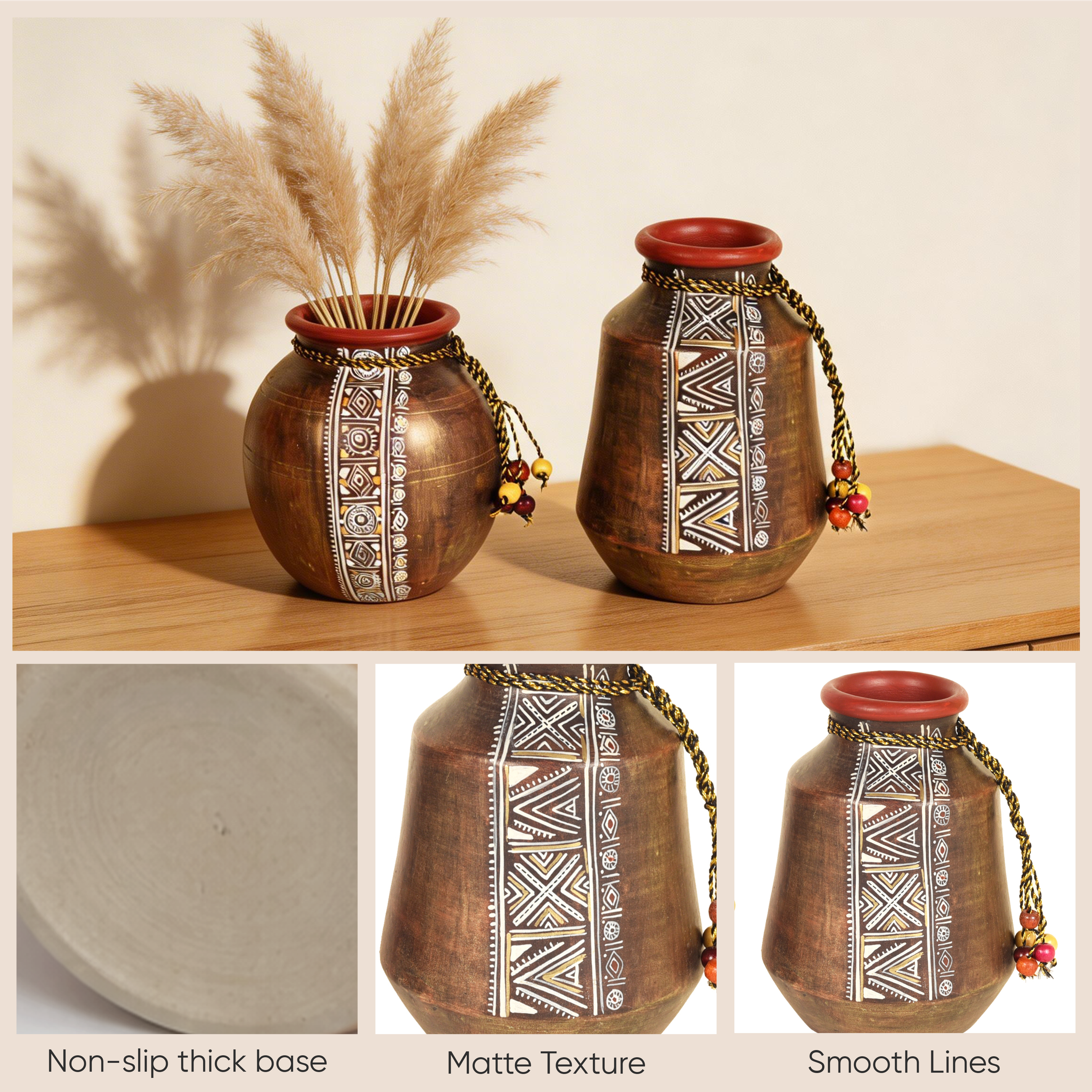 Simmering Sand Handpainted Terracotta Vase Set of 2 (4x3x5.5/4.5x2.5x6.5)