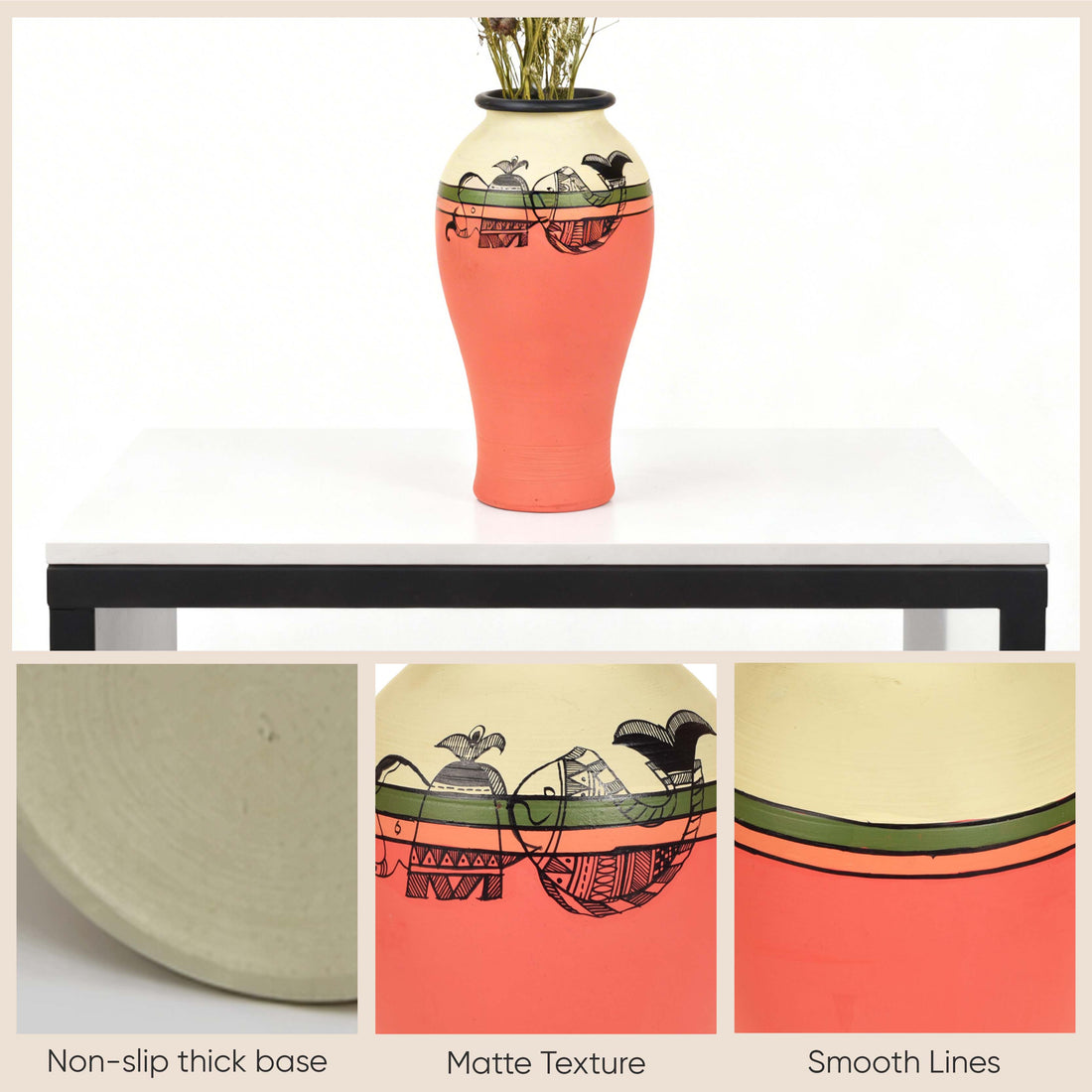 Carrot Red Earthen Vase with Madhubani Tattoo Art