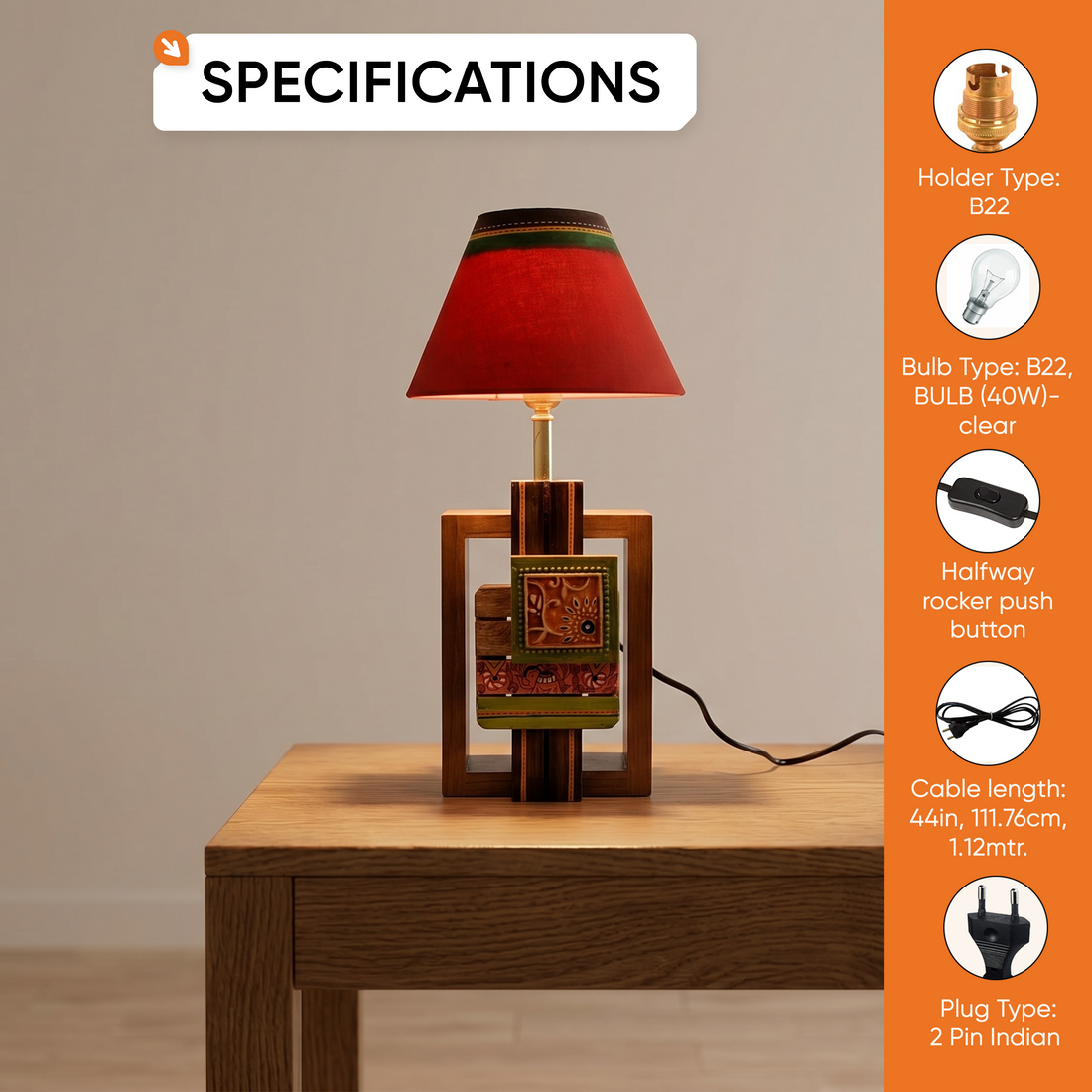 Table Lamp Handcrafted in Wood with Tribal Motifs & Red Shade (6x4x12.5")