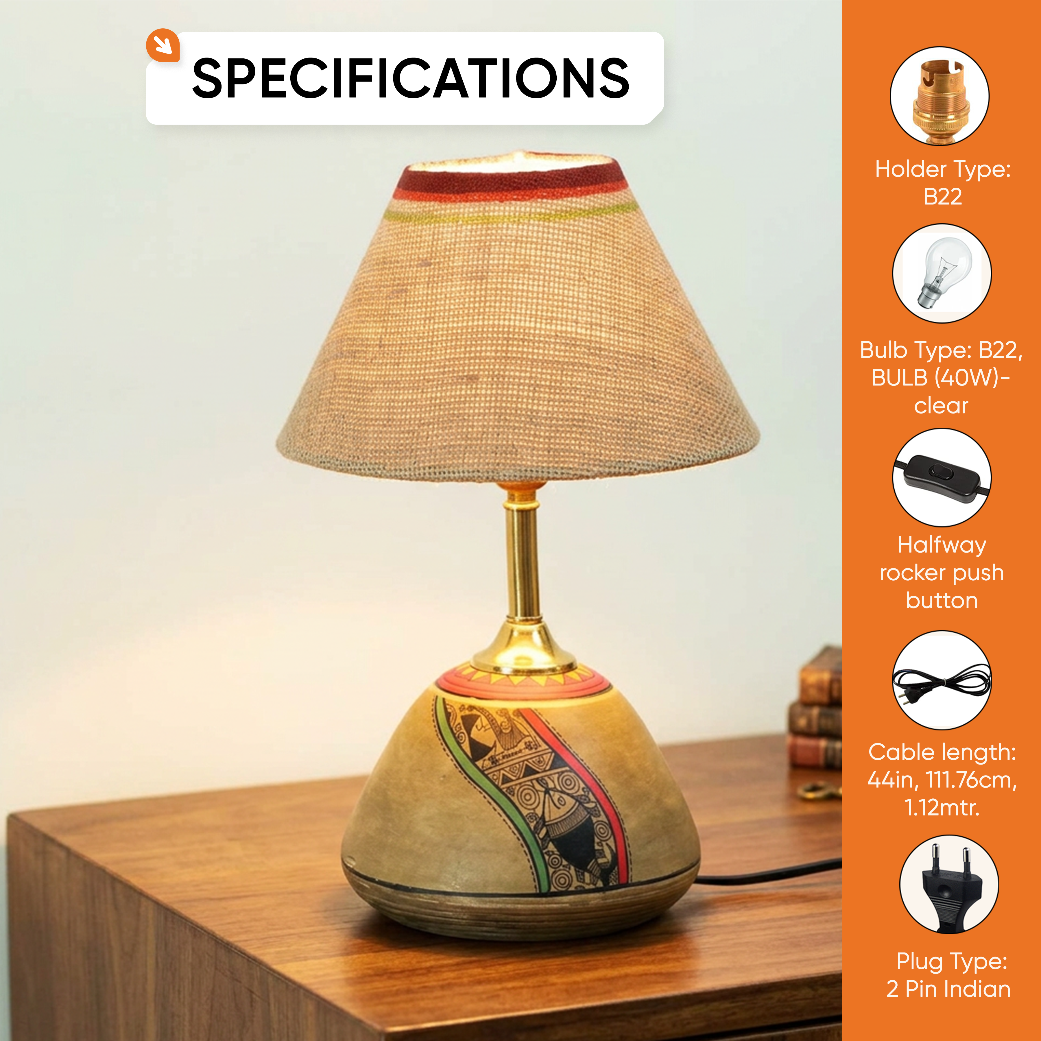 Table Lamp Beige Earthen Handcrafted with White Shade (12.6x6.1")