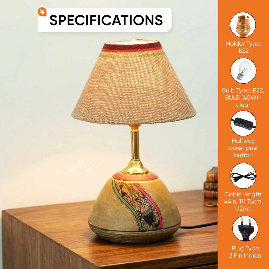 Table Lamp Beige Earthen Handcrafted with White Shade (12.6x6.1")
