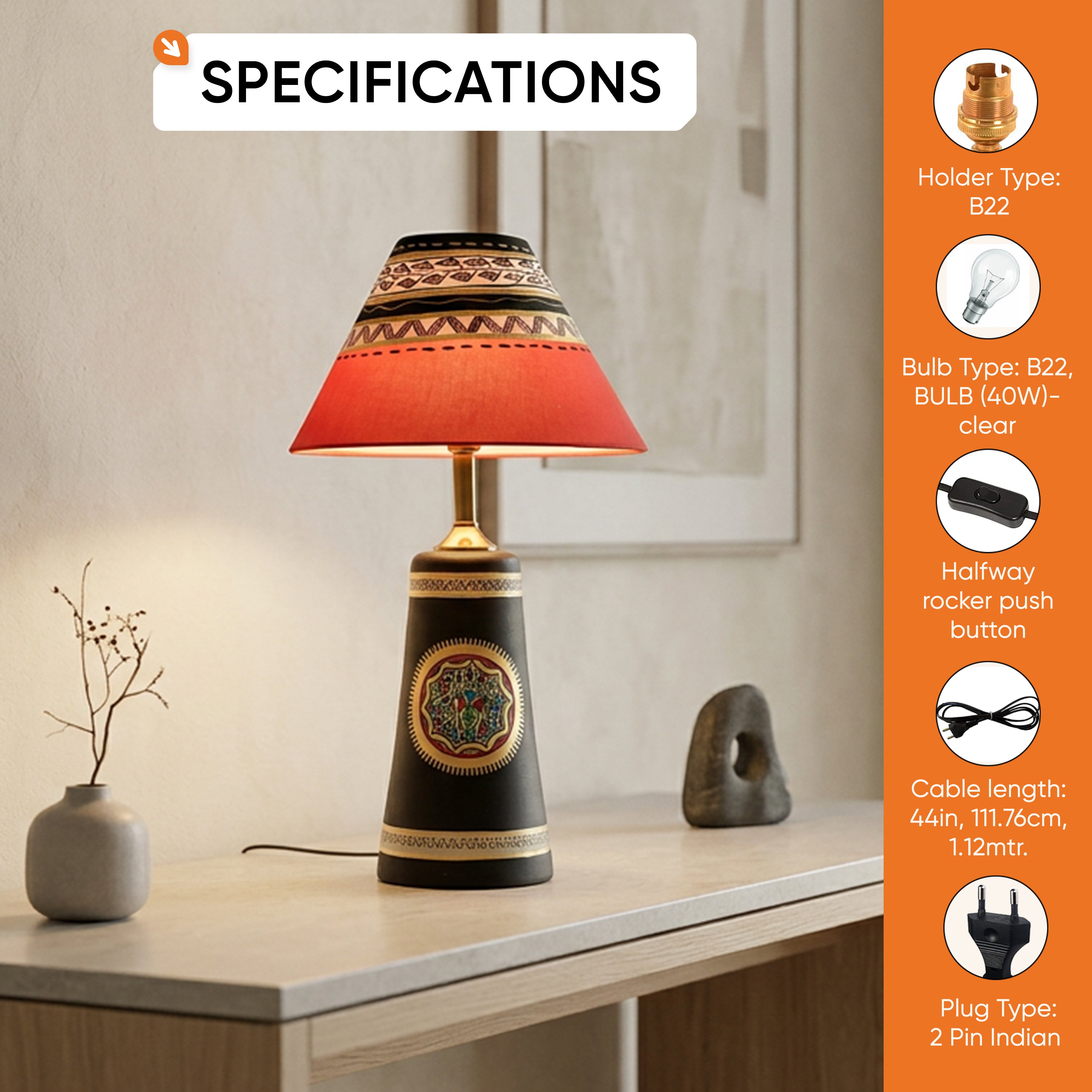 Soma Table Lamp- Hand Painted with warli Art in Black with Red Hand Painted Fabric Shade
