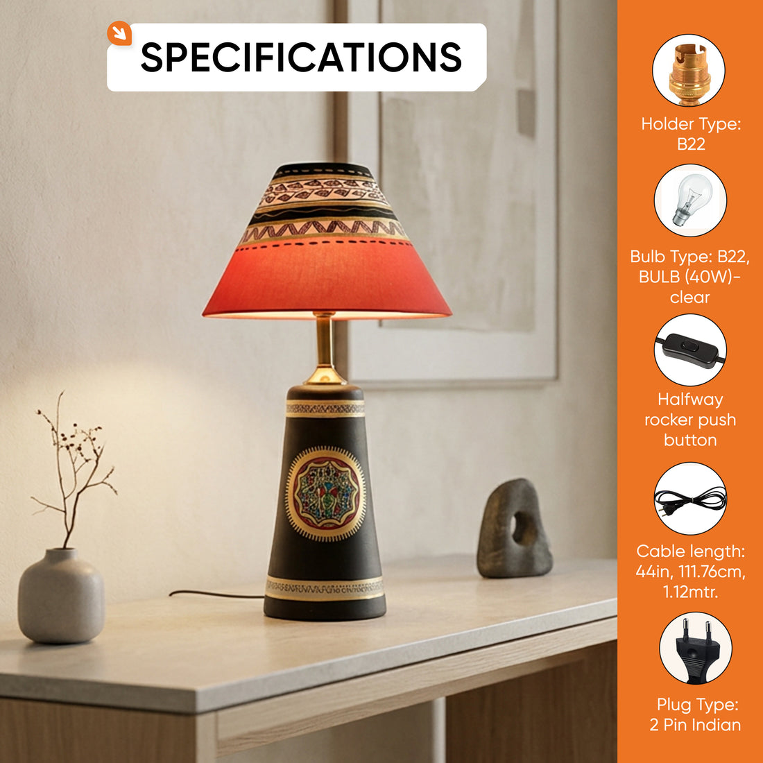 Soma Table Lamp- Hand Painted with warli Art in Black with Red Hand Painted Fabric Shade