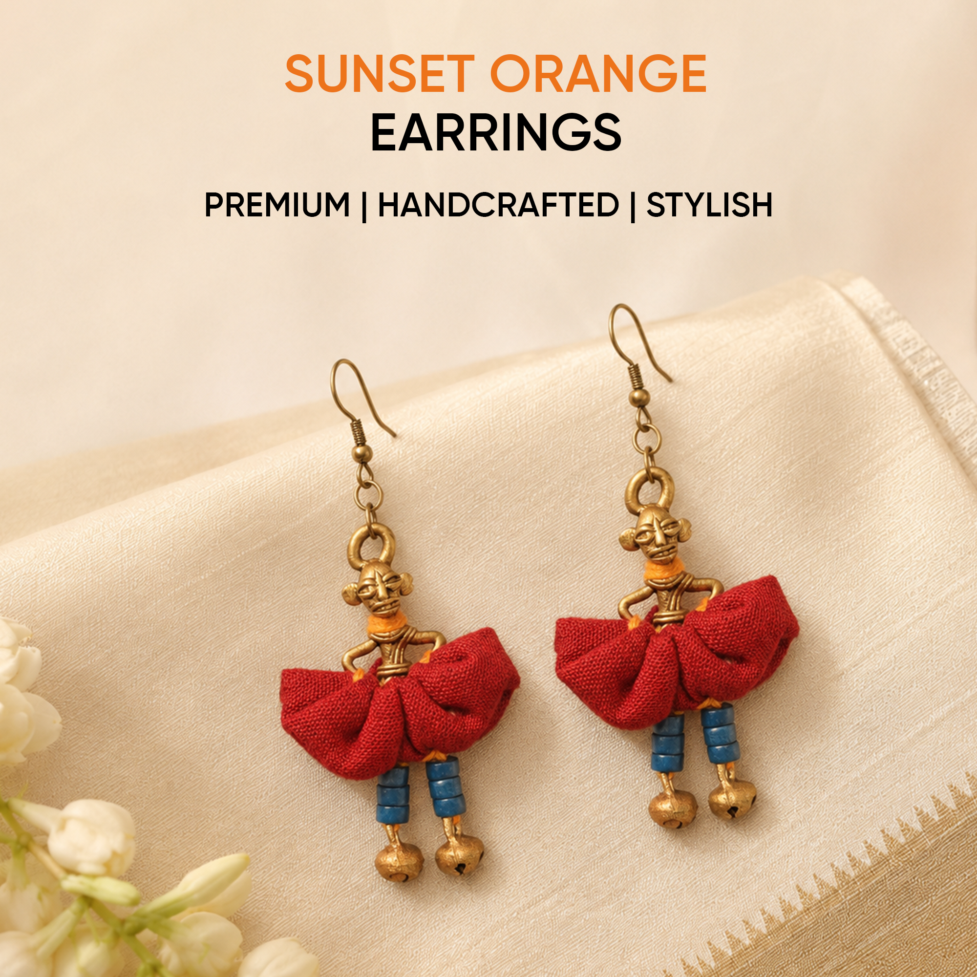 The Dancing Empress Handcrafted Tribal Dhokra Earrings in Sunset Orange