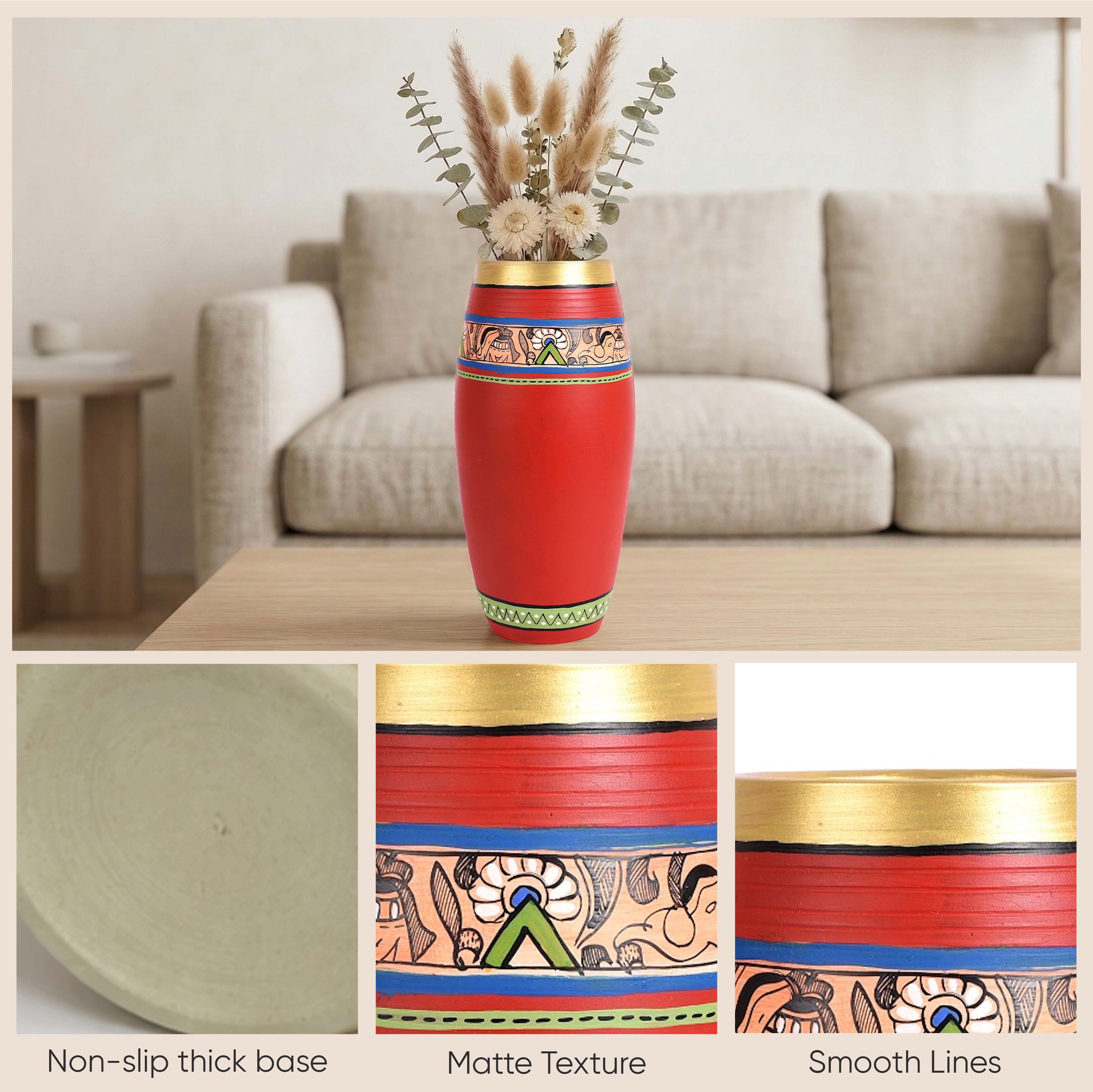 Vase Earthen Handcrafted Red Madhubani 9x4(HxD)