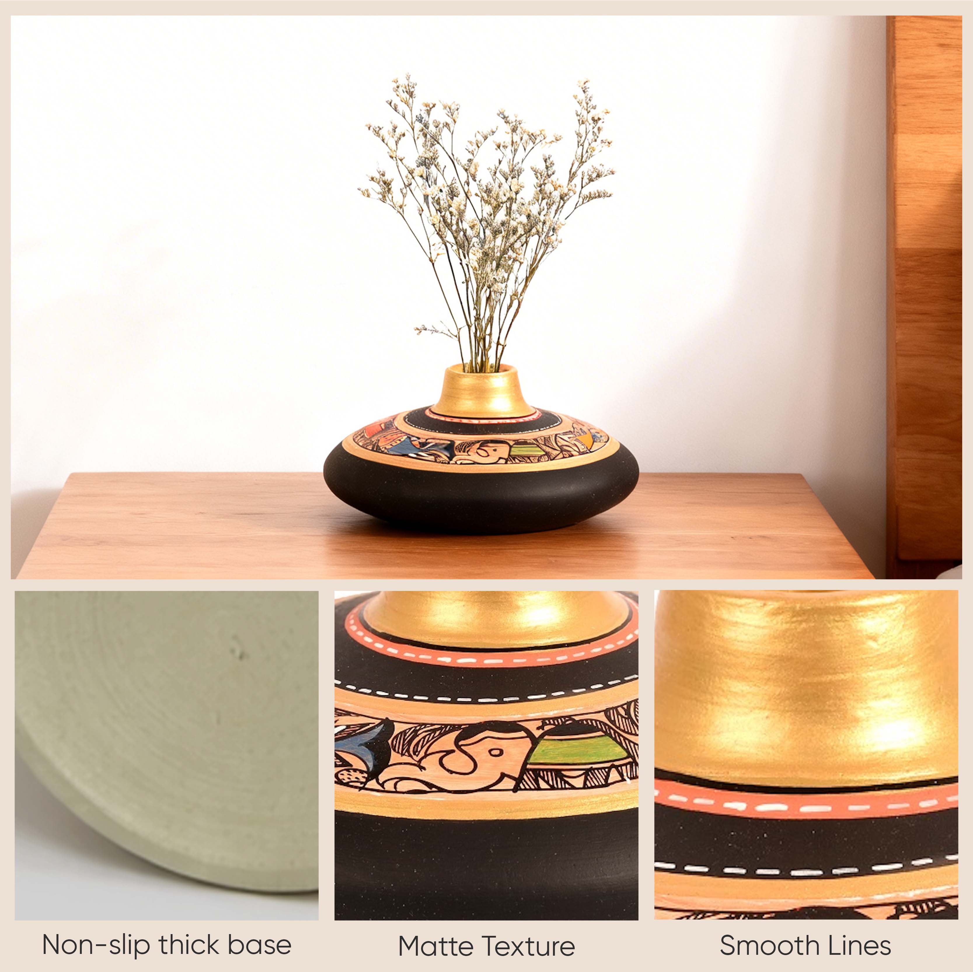 Vase Earthen Handcrafted Black Madhubani 3.5x6.5(HxD)